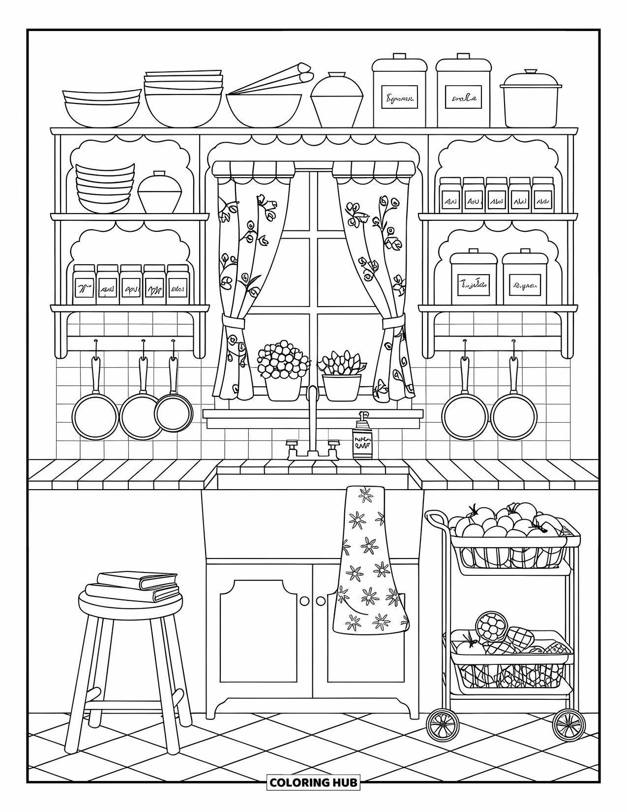 Interior Design Coloring Page for Adults: A quaint kitchen with shelves, bowls, spice jars, and a farmhouse sink