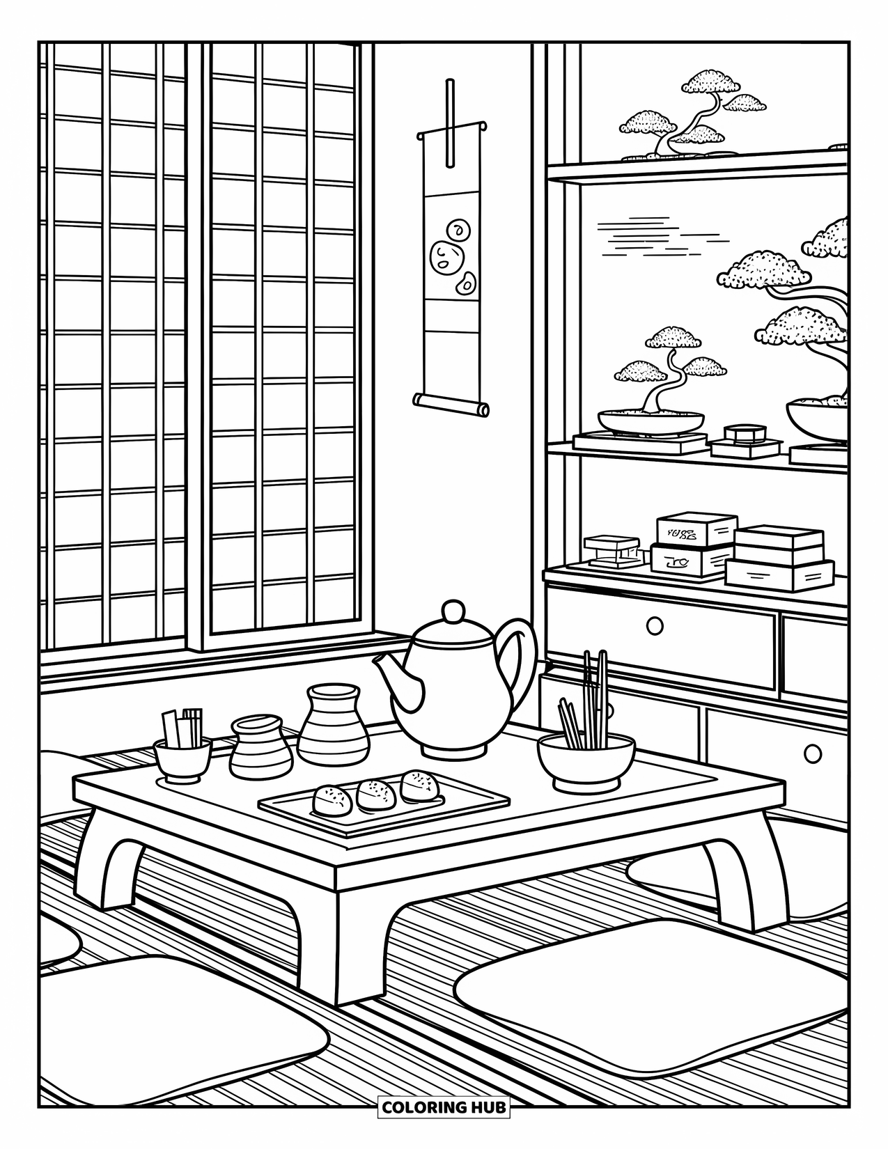 Interior Design Coloring Page for Adults: A serene tea room with tea set, mochi, scroll, and soft cushions