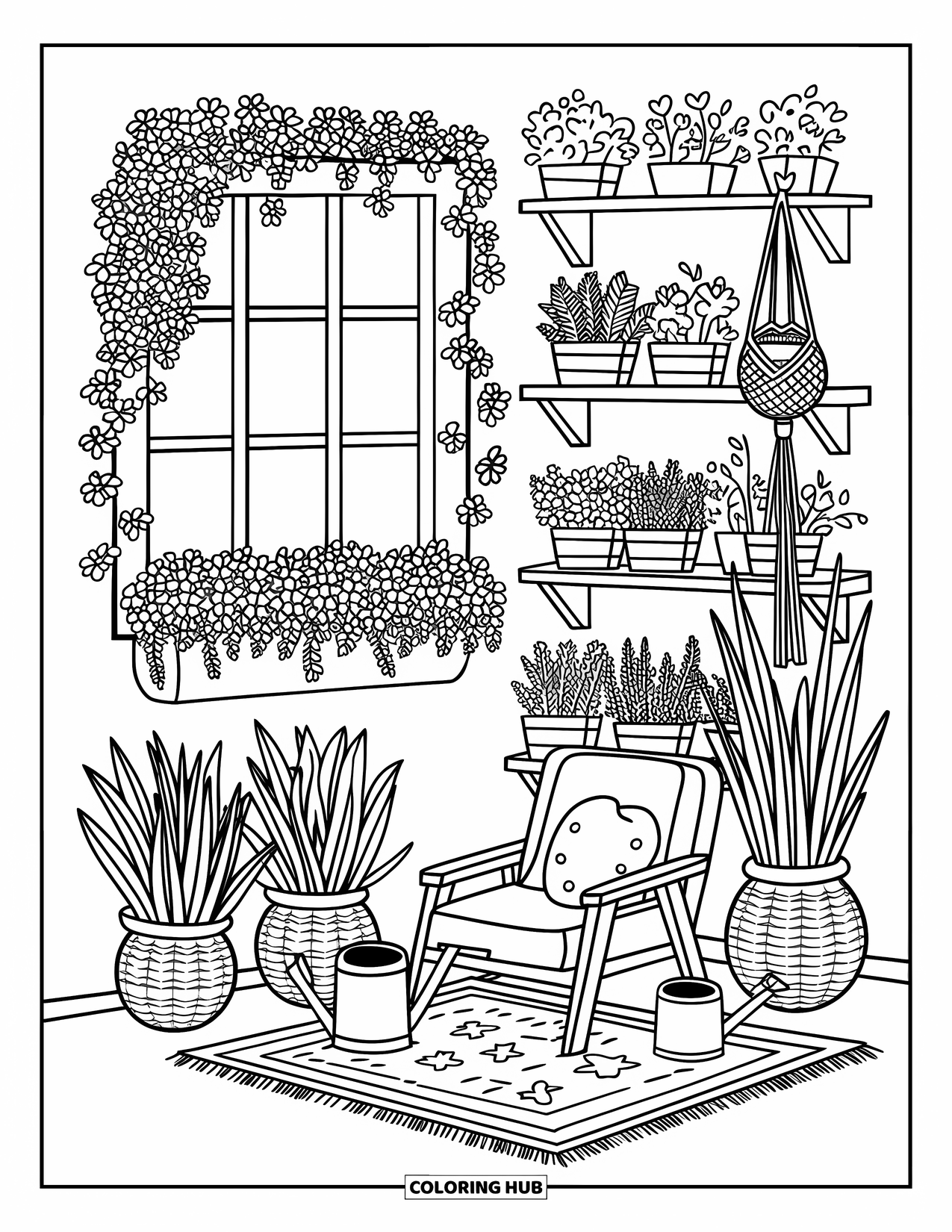 Interior Design Coloring Page for Adults: A sunlit room filled with potted plants, vines, and gardening tools