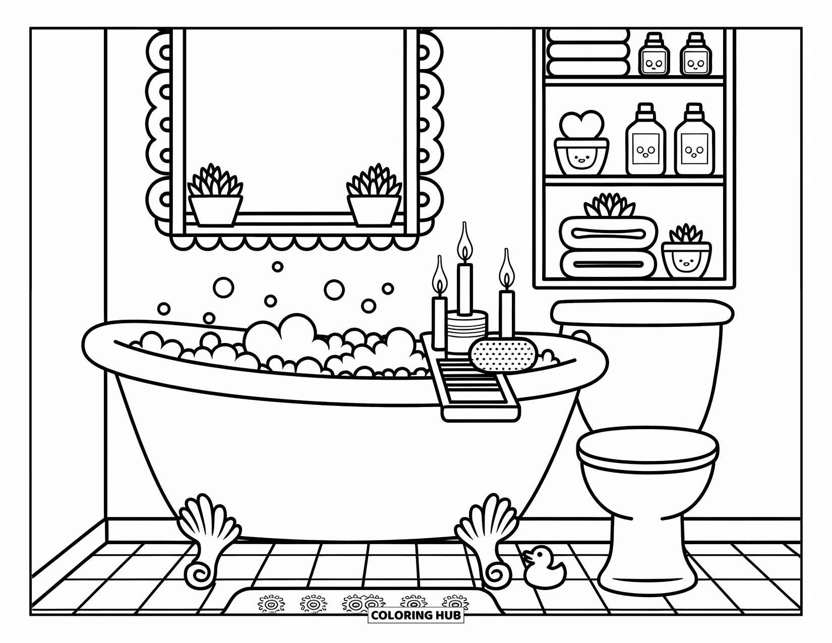 Interior Design Coloring Page for Adults: A warm bath scene with bubbles, duck, candles, towels, and succulents