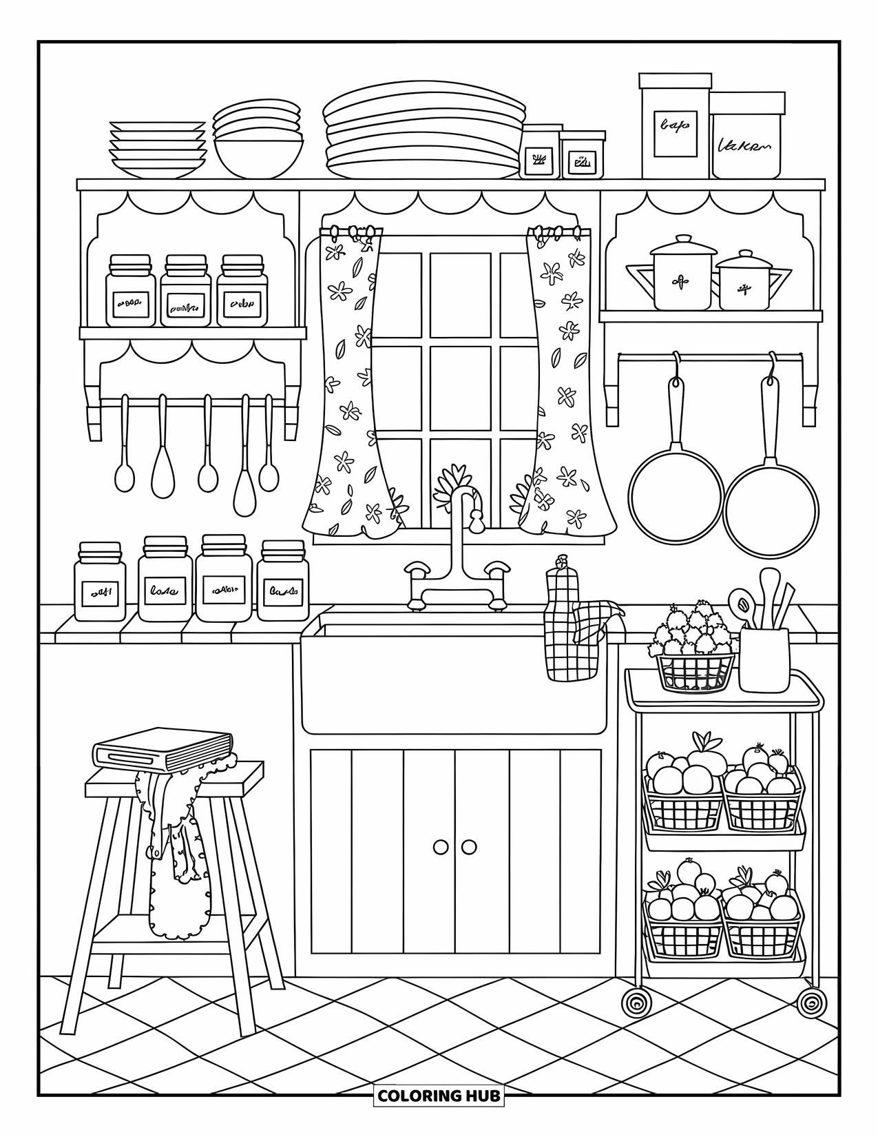 Interior Design Coloring Page for Adults: Charming kitchen with shelves, sink, pans, and a patterned floor