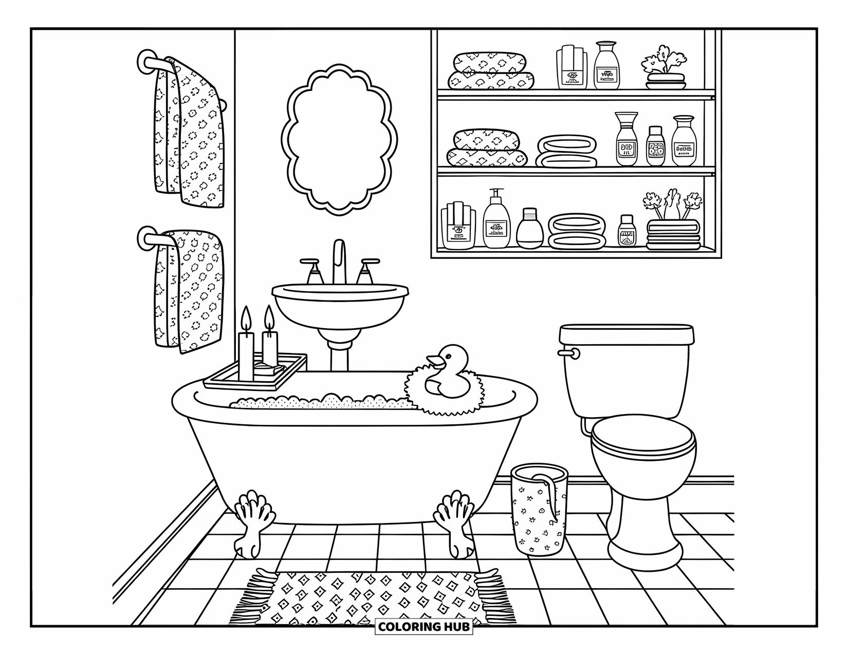 Interior Design Coloring Page for Adults: Cozy bathroom with bubble-filled tub, rug, candles, and playful details