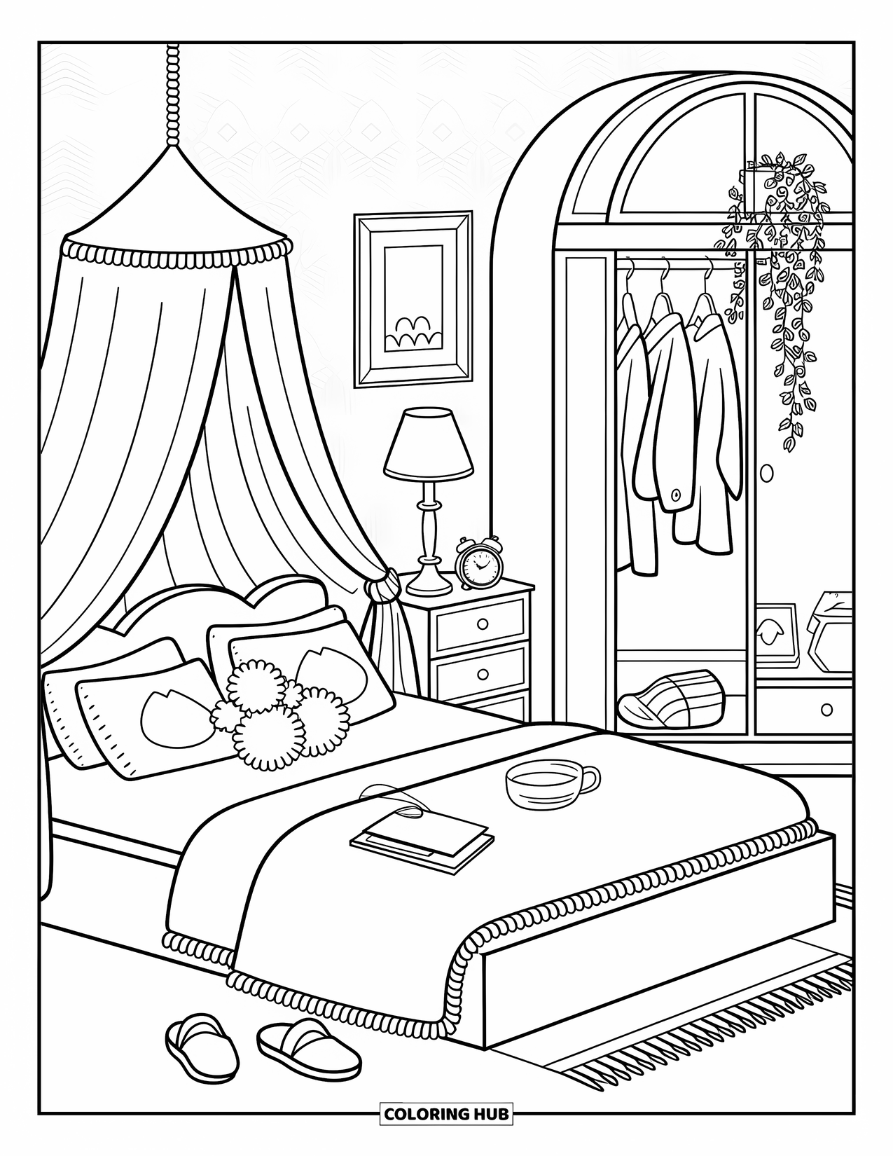 Interior Design Coloring Page for Adults: Cozy bedroom with canopy bed, pillows, nightstand, and potted vine