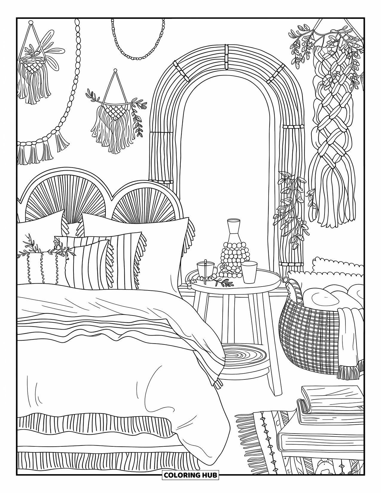 Interior Design Coloring Page for Adults: Cozy bedroom with layered bed, lamp, mirror, and baskets