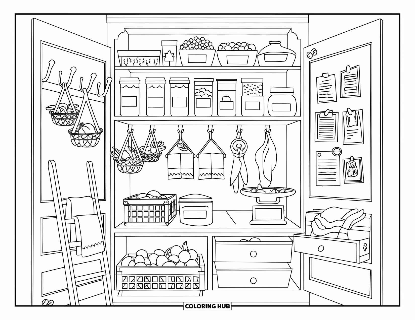 Interior Design Coloring Page for Adults: Cozy pantry with jars, baskets, lemons, and a vintage scale
