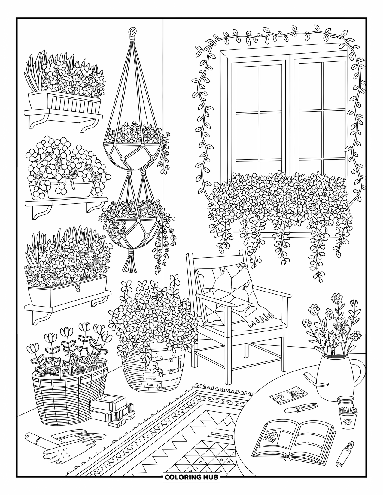 Interior Design Coloring Page for Adults: Cozy plant-filled room with flowers, vines, chair, and garden tools