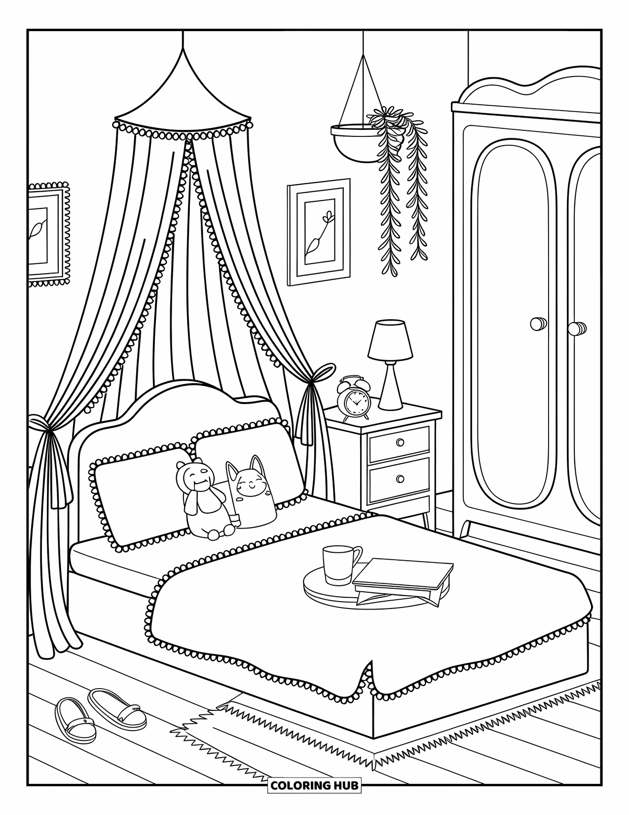 Interior Design Coloring Page for Adults: Dreamy bedroom with canopy bed, pillows, wardrobe, and cozy details