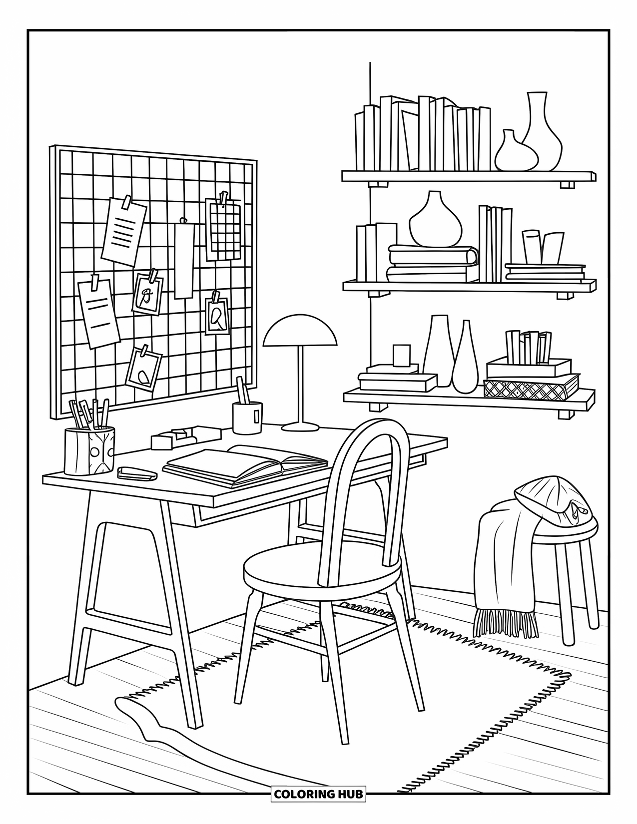 Interior Design Coloring Page for Adults: Home office with desk, planner, notes, and a cozy chair