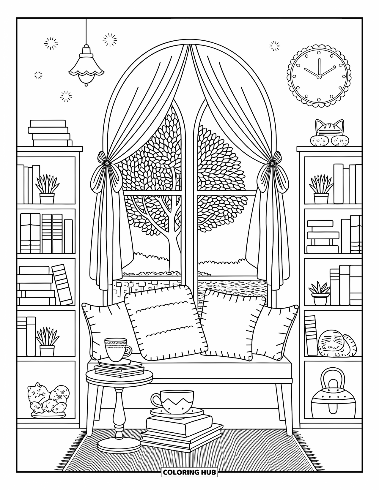 Interior Design Coloring Page for Adults: Inviting window nook with pillows, bench, books, cat, and string lights