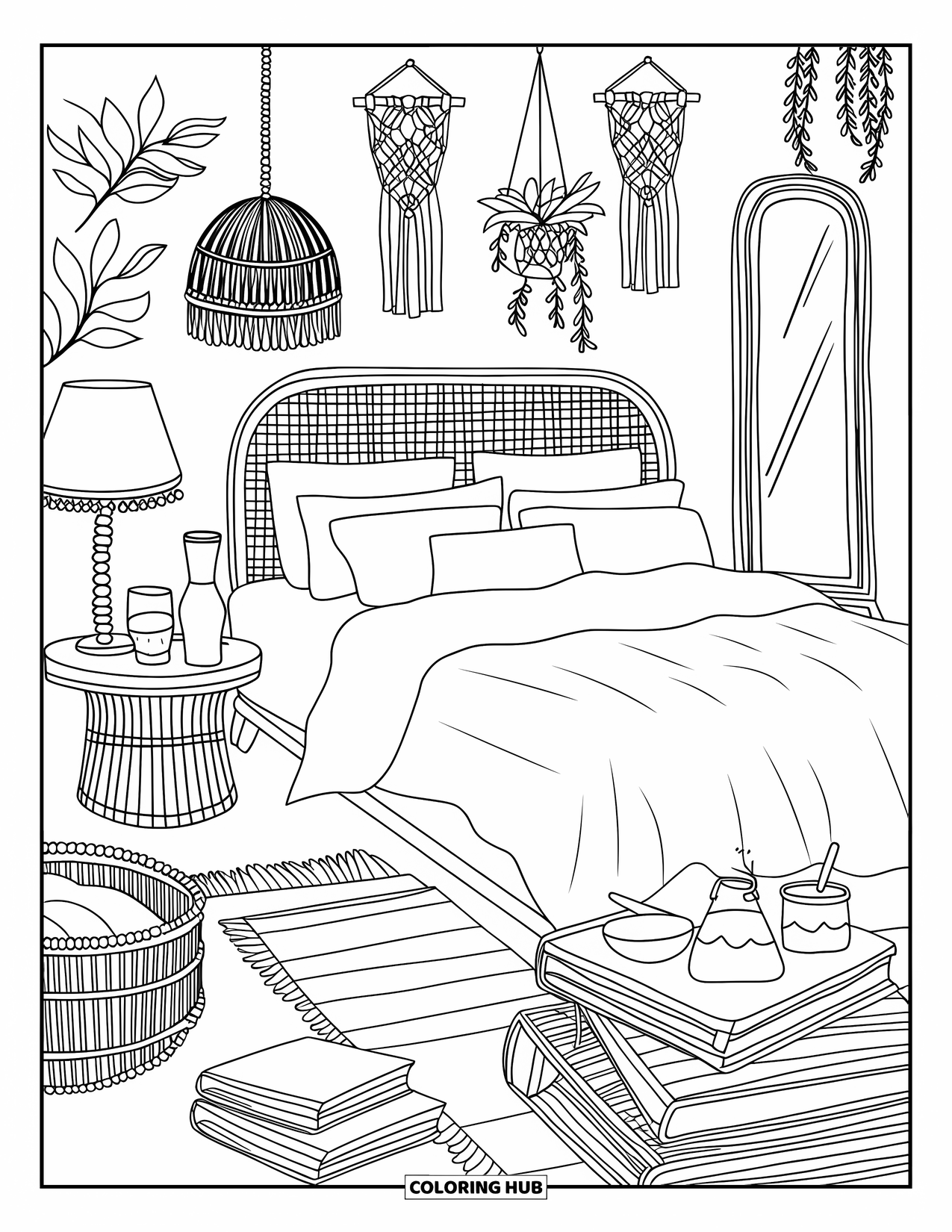 Interior Design Coloring Page for Adults: Layered bed with rattan headboard, lamp, plants, and macramé decor