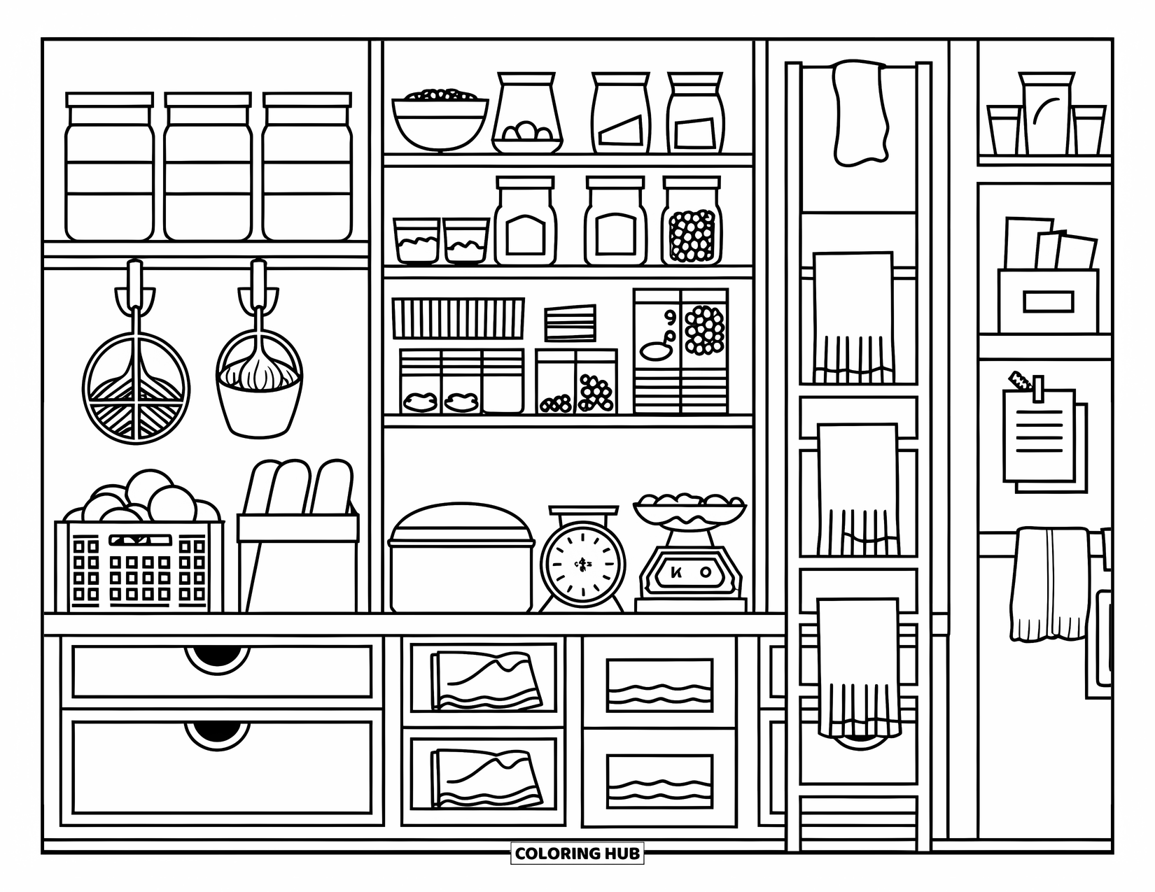 Interior Design Coloring Page for Adults: Pantry shelves with jars, baskets, garlic, and lemons