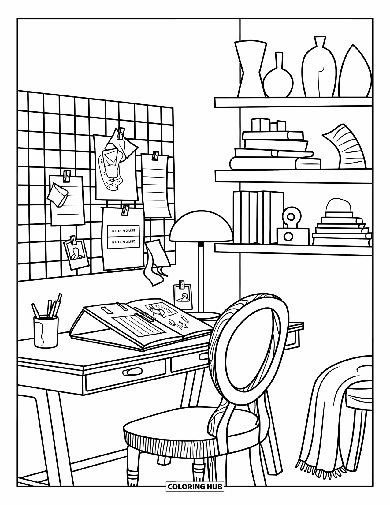 Interior Design Coloring Page for Adults: Small office with desk, notes, shelves, and a throw blanket