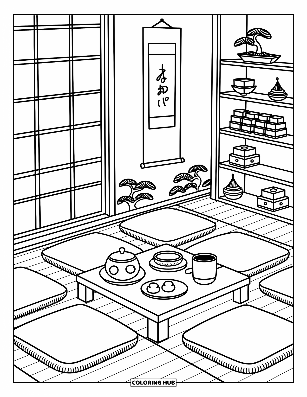 Interior Design Coloring Page for Adults: Tranquil tea room with tea set, mochi, bonsai, and calming decor