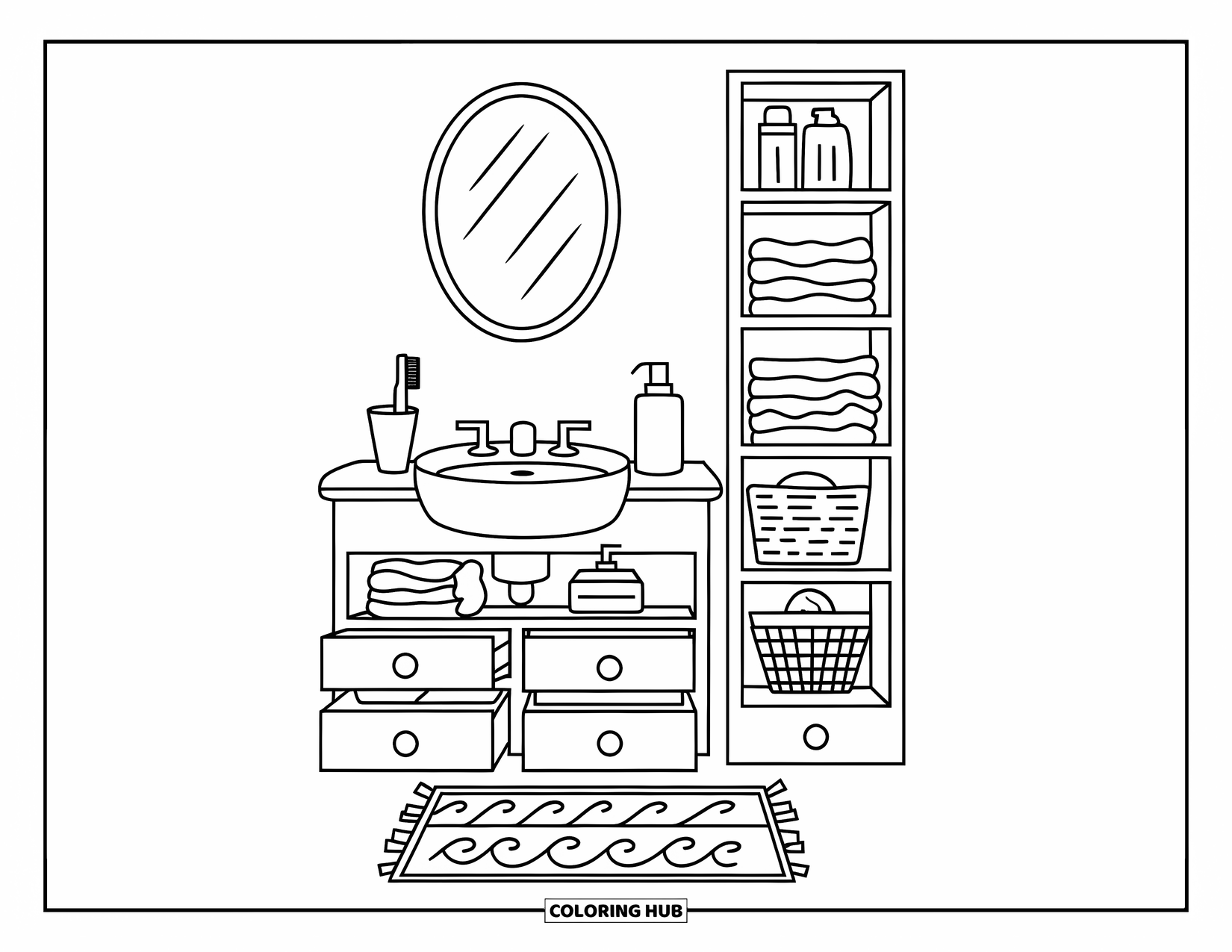 Interior Design Coloring Page for Kids: A cozy bathroom with sink, mirror, soap, towels, and storage