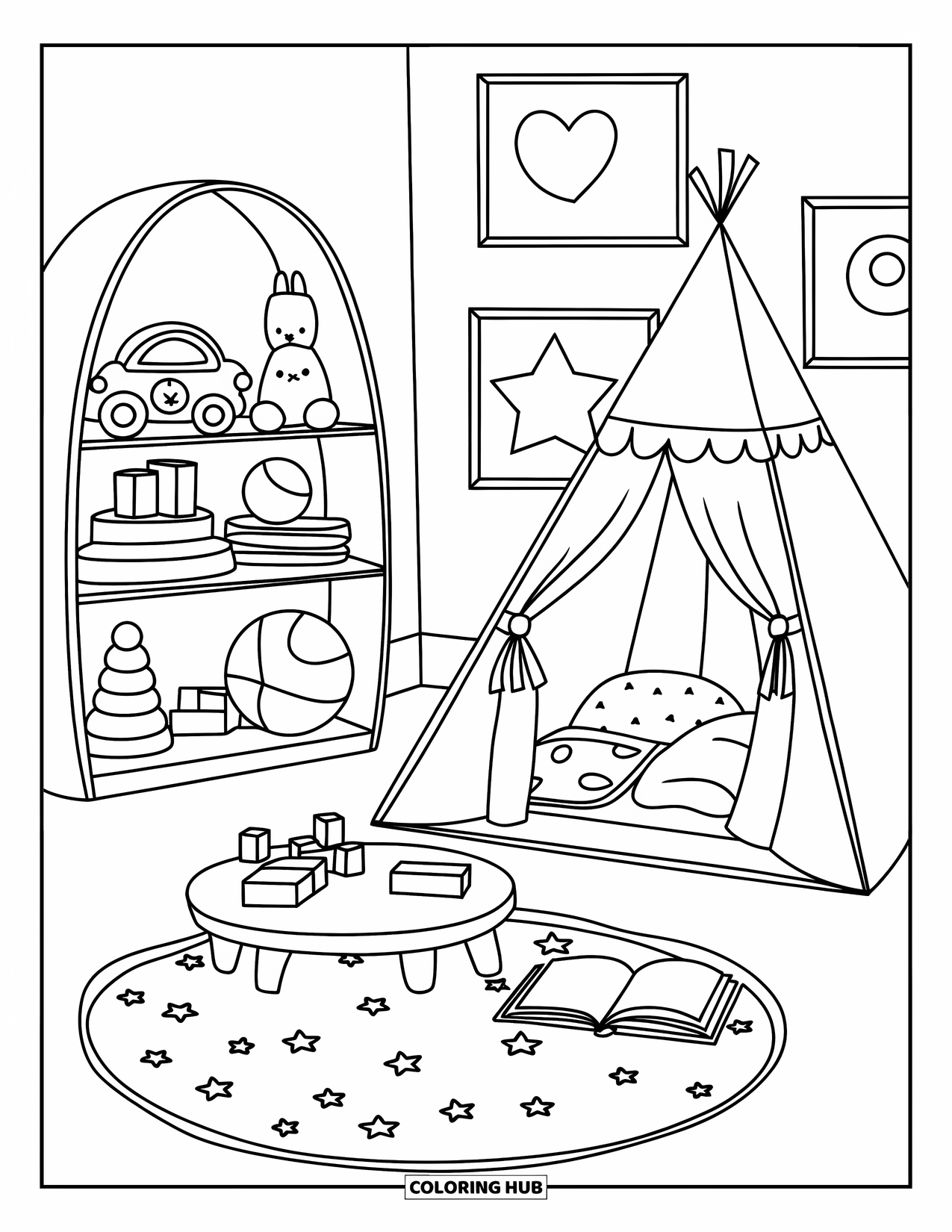 Interior Design Coloring Page for Kids: A playful room with toys, play tent, table, and storybook