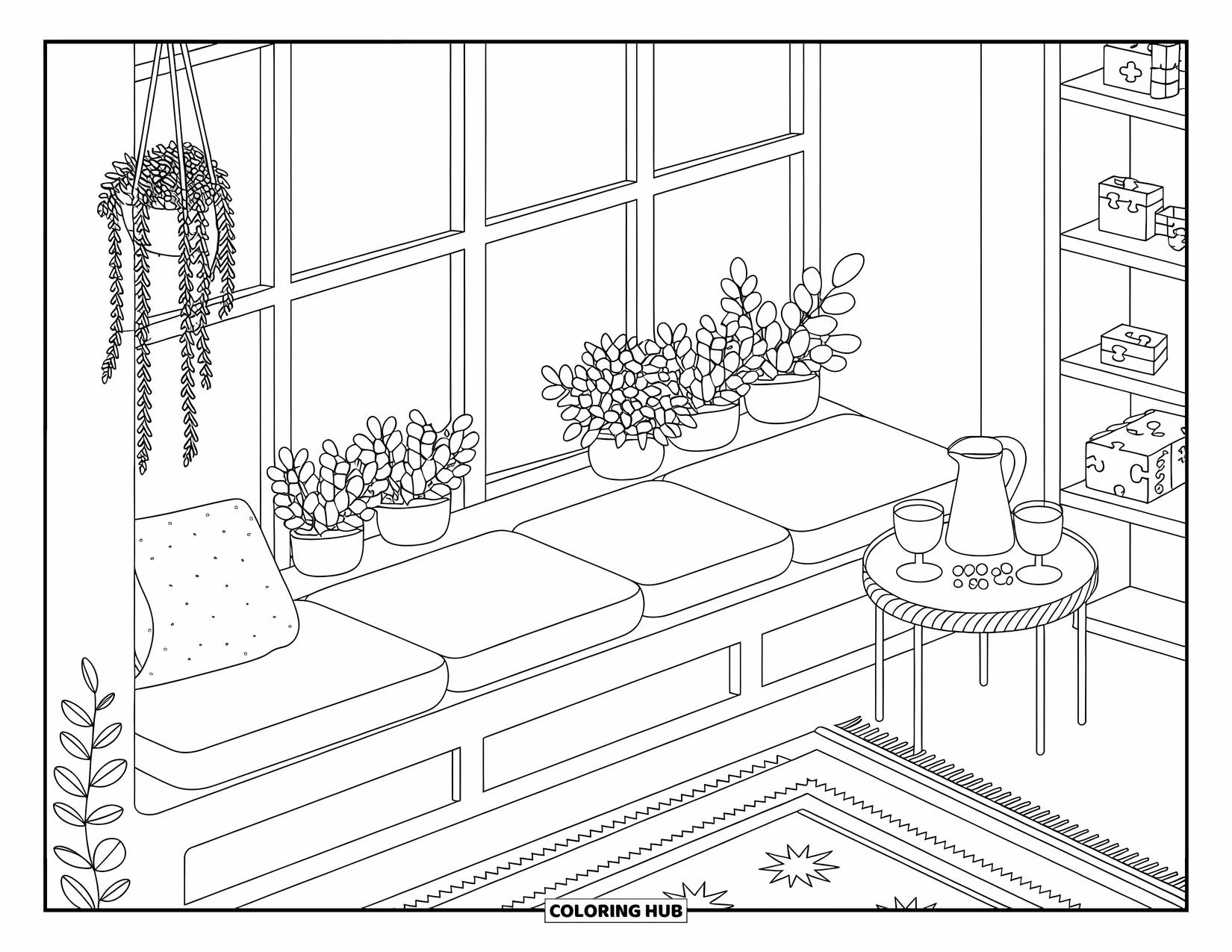 Interior Design Coloring Page for Kids: A sunroom with cushioned window seat, plants, and a pitcher of drinks