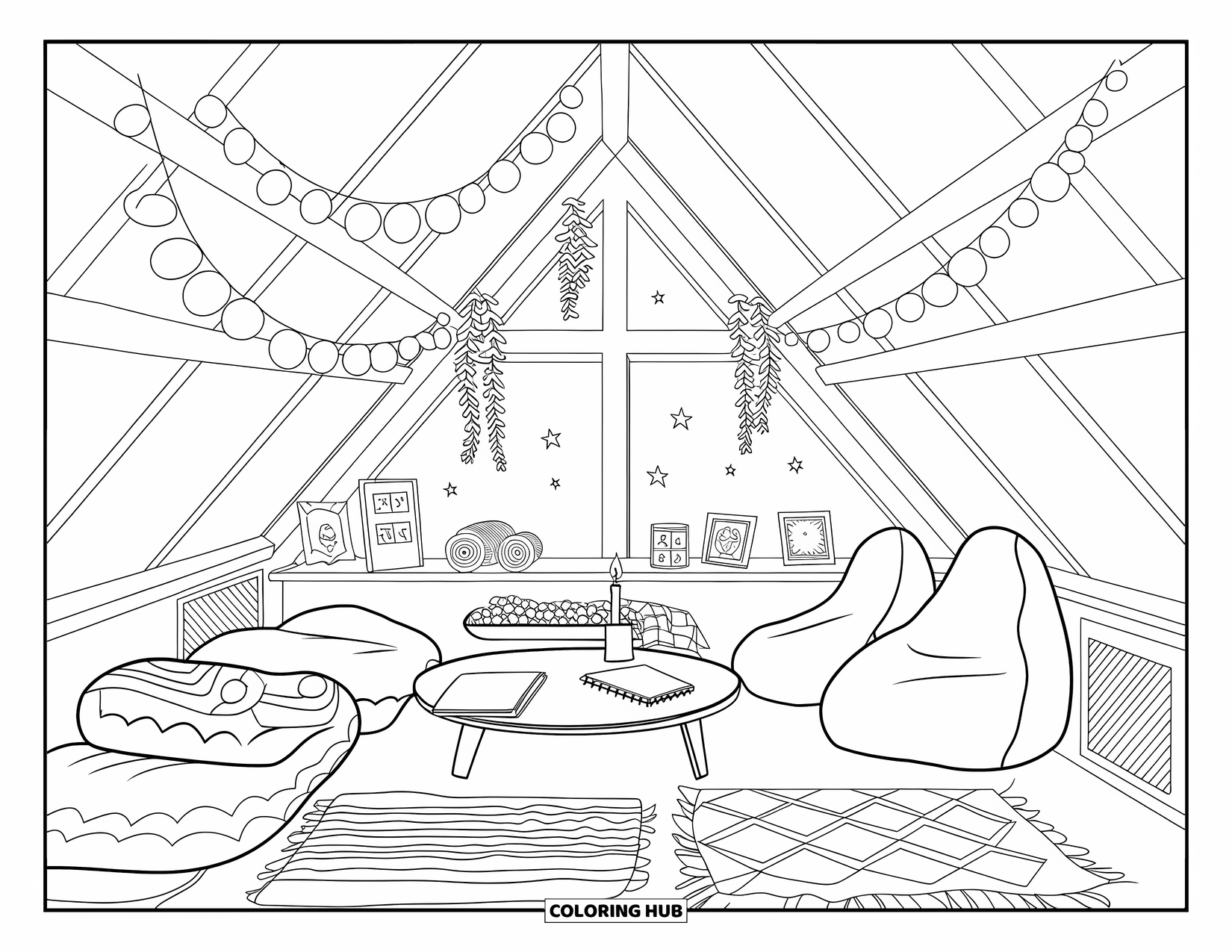 Interior Design Coloring Page for Kids: An attic hangout with rugs, cushions, bean bags, and glowing string lights