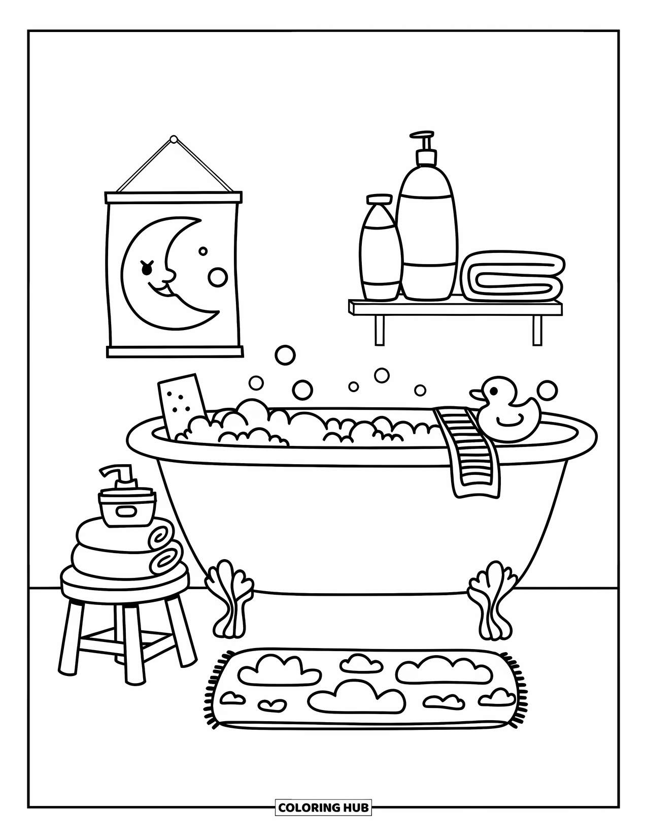 Interior Design Coloring Page for Kids: Bathroom with clawfoot tub, bubbles, duck, and sponge