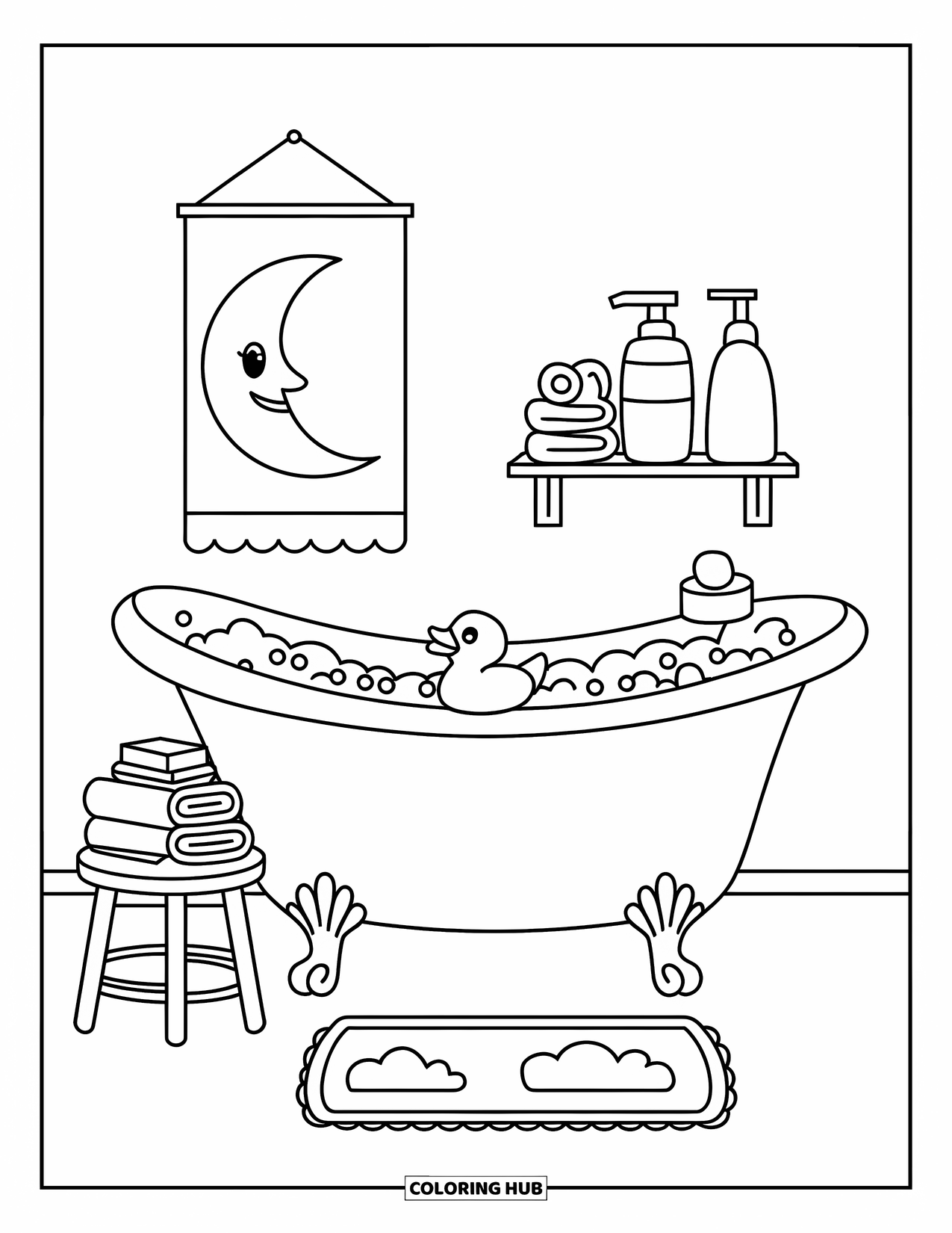 Interior Design Coloring Page for Kids: Bathtub with bubbles, duck, sponge, stool, and a moon picture
