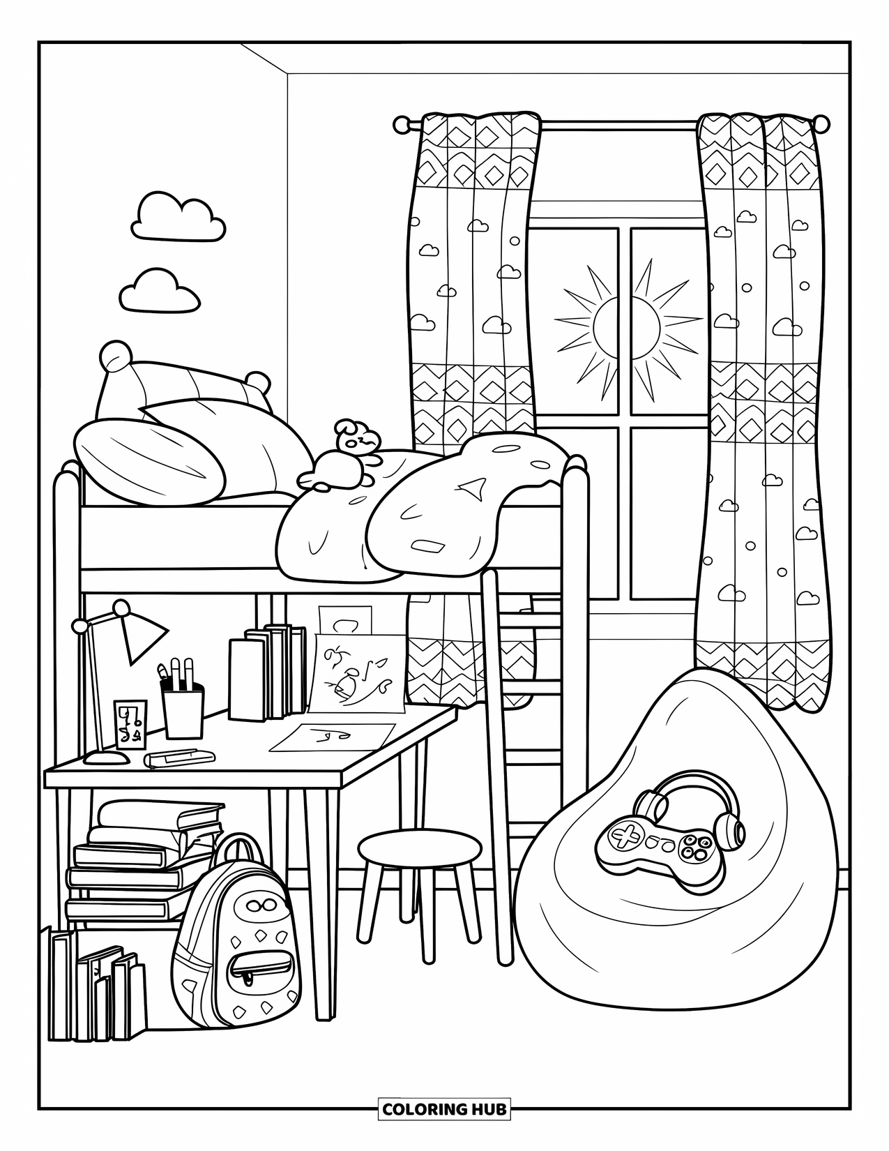 Interior Design Coloring Page for Kids: Bedroom with loft bed, desk, gaming bean bag, and window view