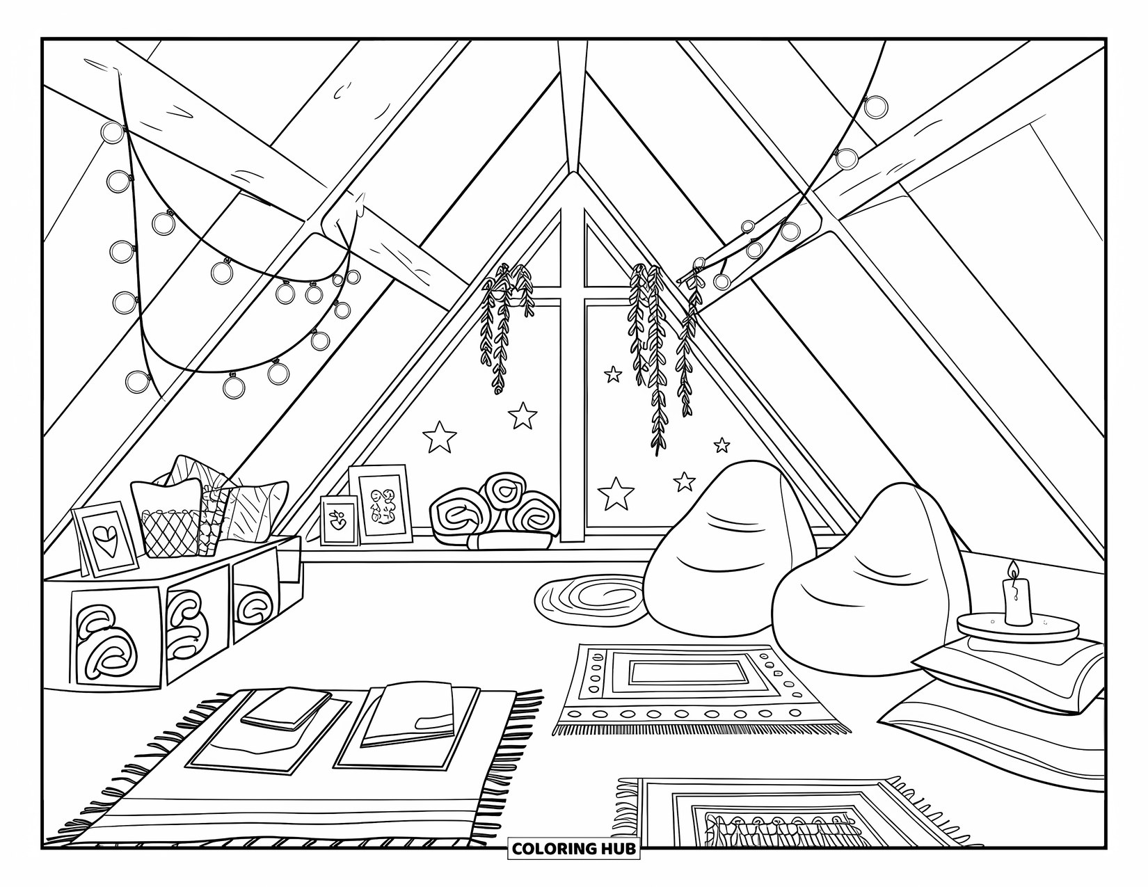 Interior Design Coloring Page for Kids: Cozy attic space with rugs, a low table, bean bags, and hanging plants