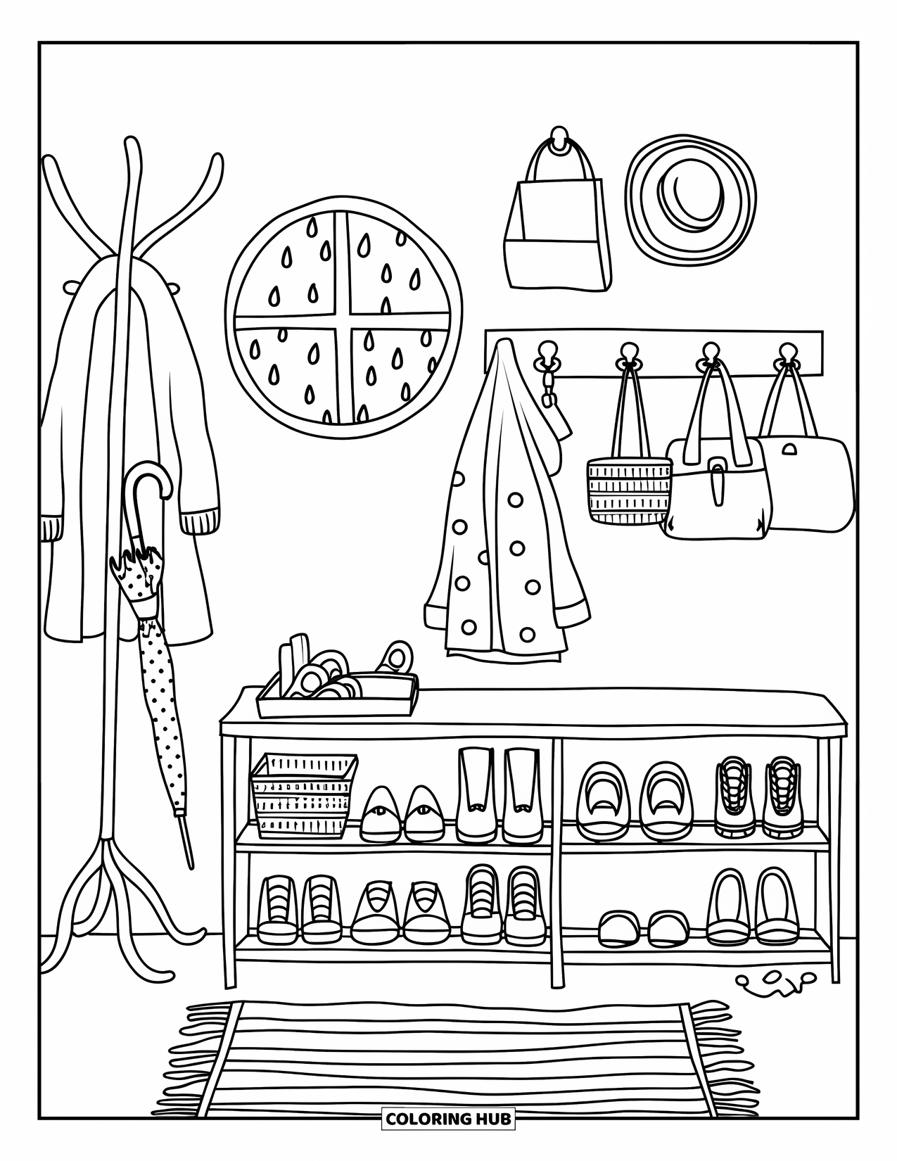 Interior Design Coloring Page for Kids: Cozy entryway with rug, bench, shoes, umbrella, and hanging bags