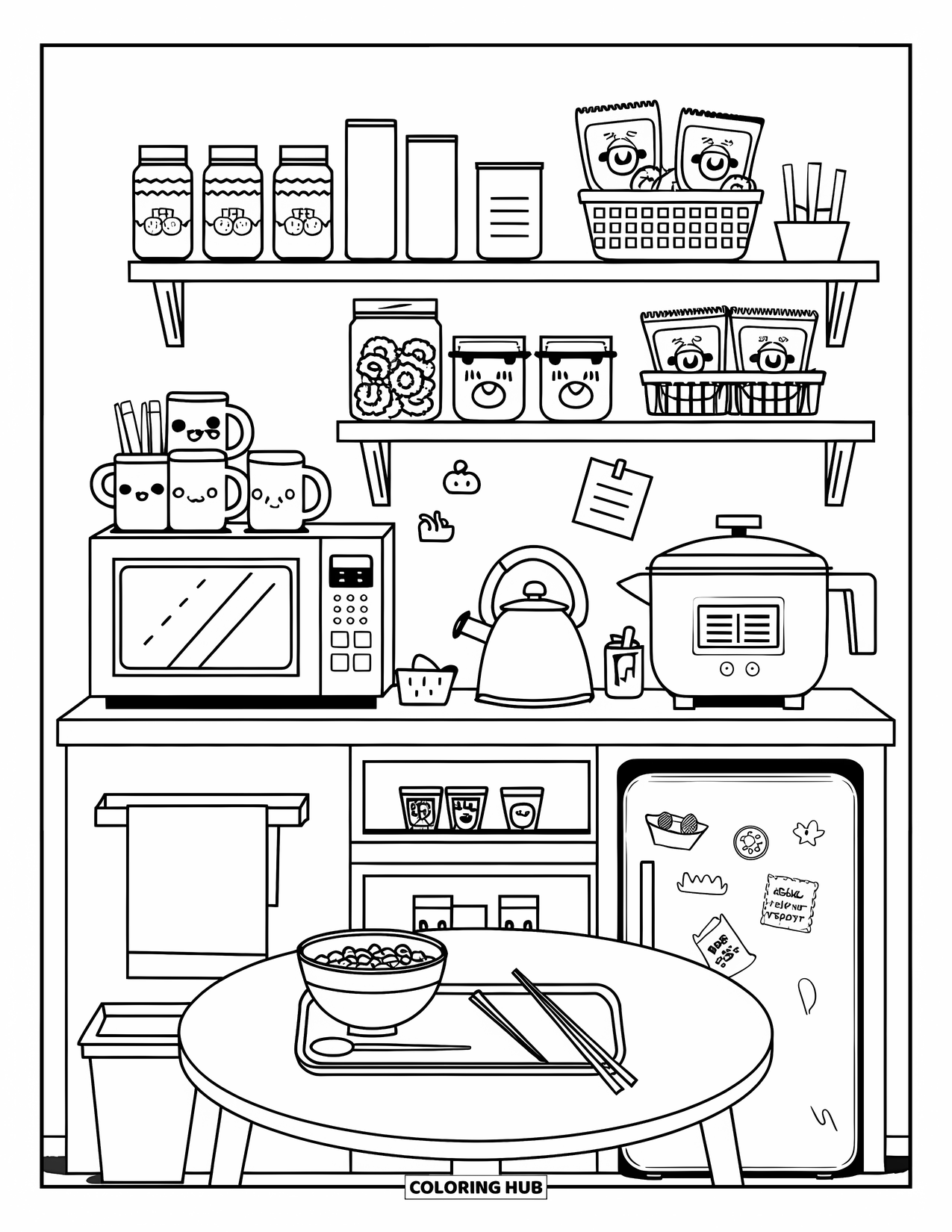 Interior Design Coloring Page for Kids: Cozy kitchen with fridge, snacks, mugs, rice cooker, and kettle