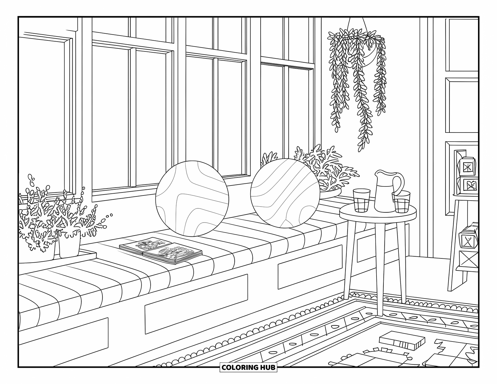 Interior Design Coloring Page for Kids: Cozy sunroom with window seat, pillows, rug, plants, and bookshelf