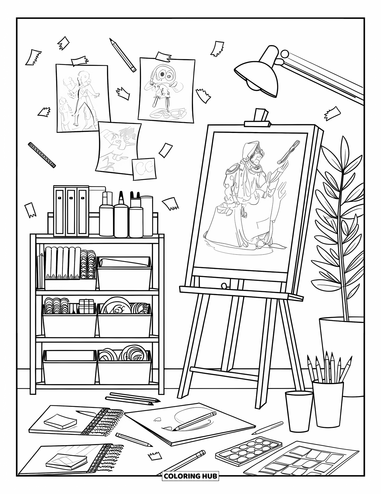 Interior Design Coloring Page for Kids: Creative studio with easel, sketch pads, sticky notes, and paint palettes