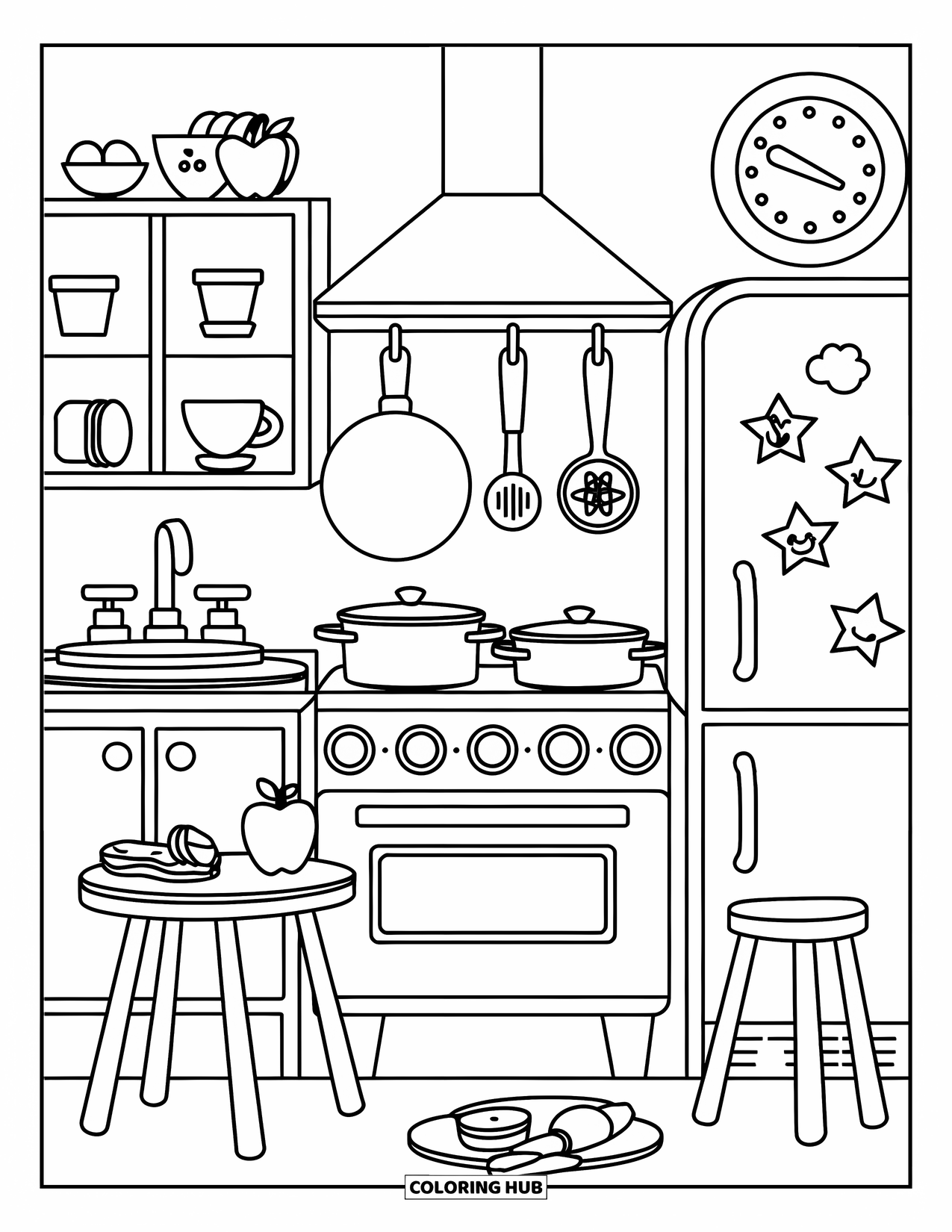 Interior Design Coloring Page for Kids: Cute mini kitchen with stove, fridge, play food, and teapot