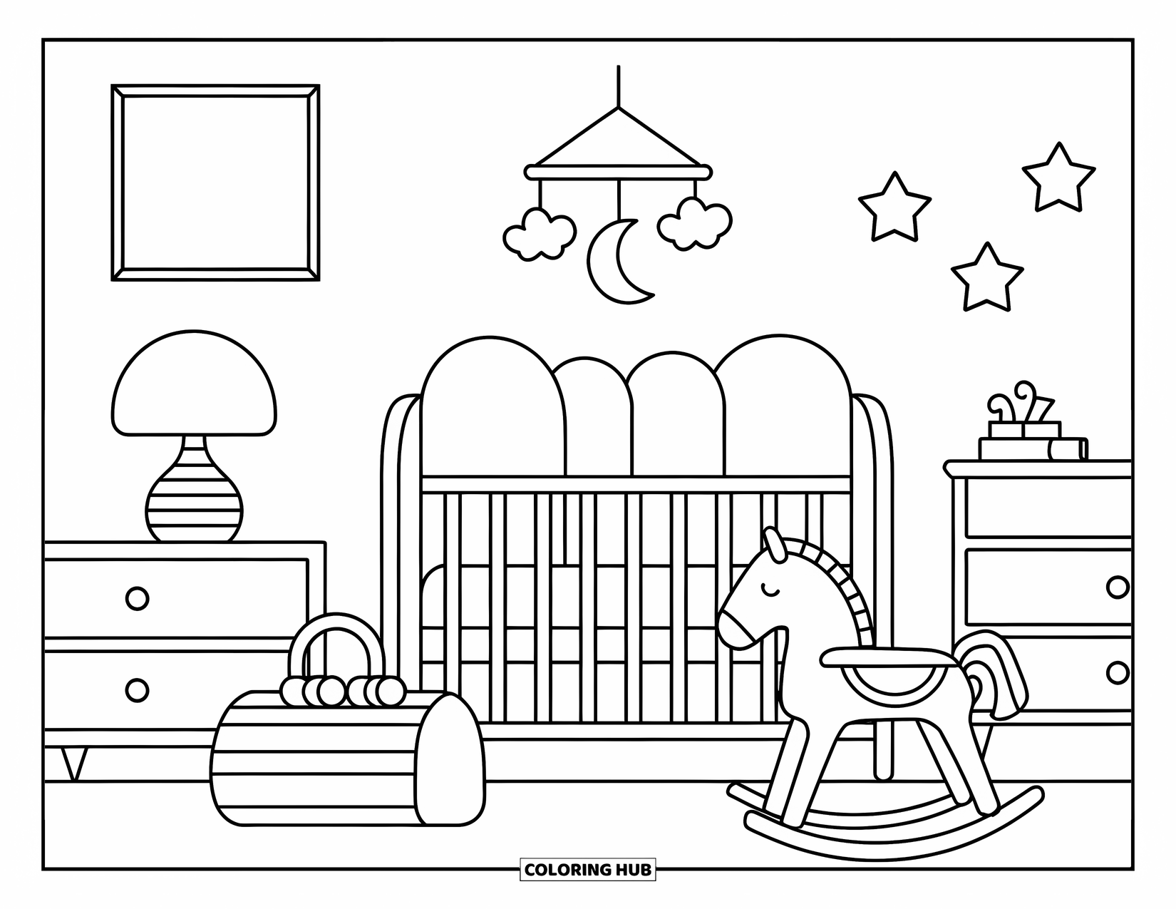 Interior Design Coloring Page for Kids: Nursery with crib, rocking horse, toy chest, and hanging stars