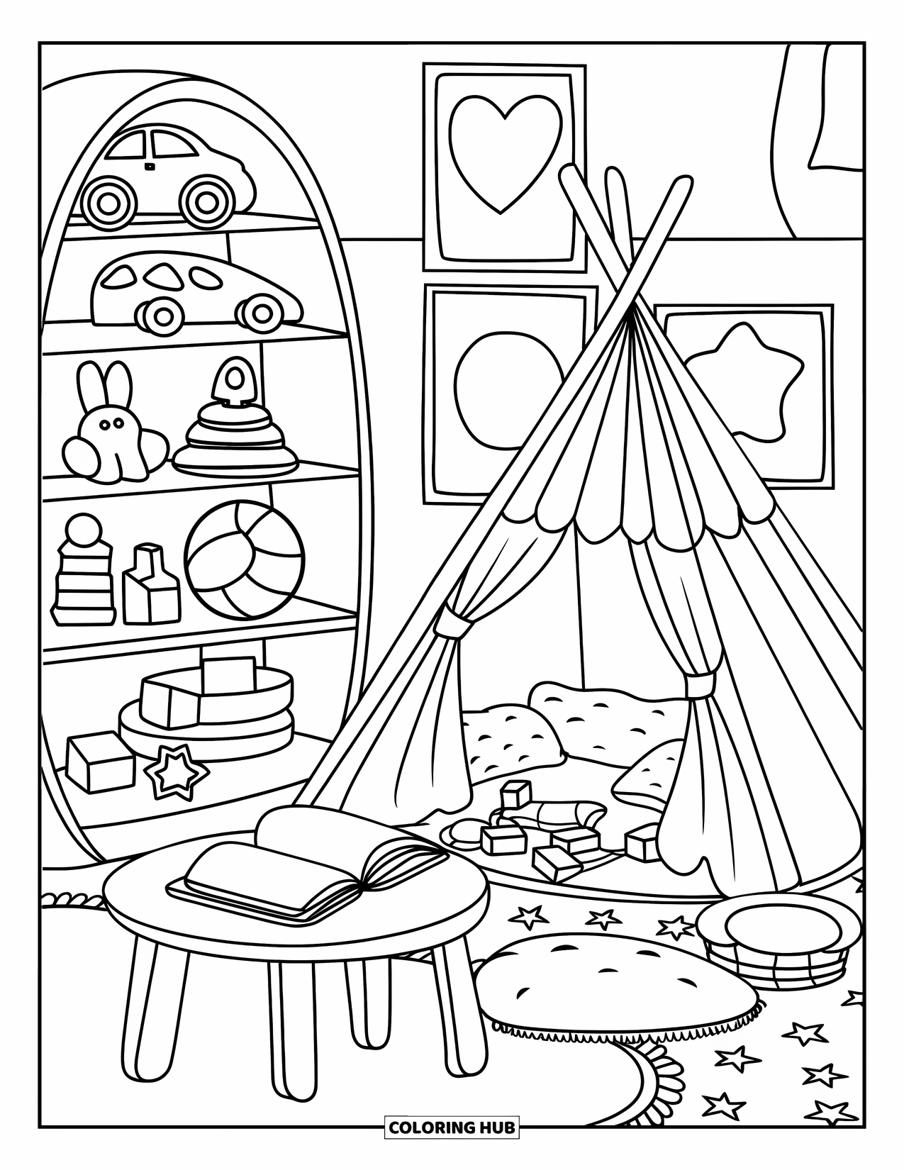 Interior Design Coloring Page for Kids: Playroom with toys, indoor tent, blocks, and framed wall shapes