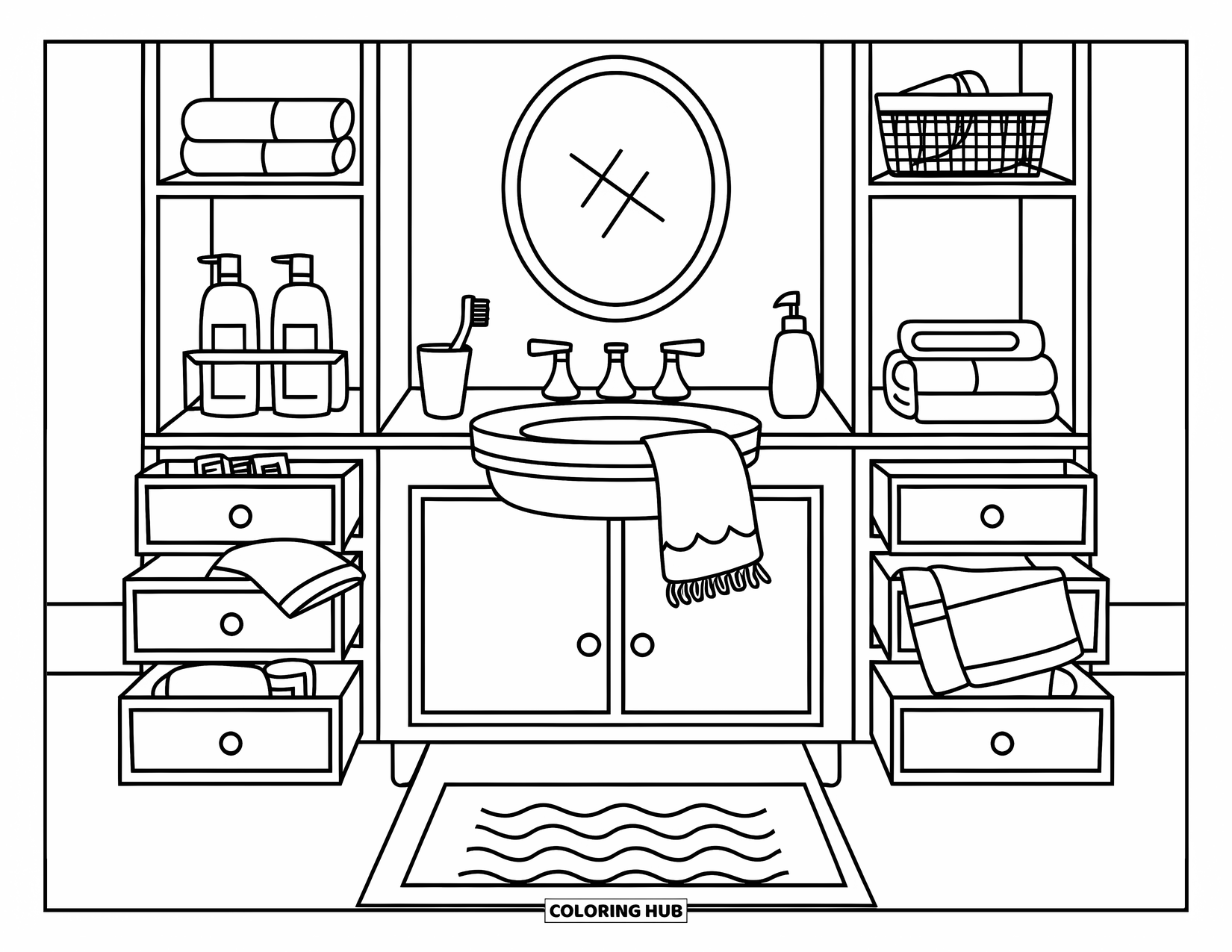 Interior Design Coloring Page for Kids: Simple bathroom with sink, mirror, soap, towels, and cabinet