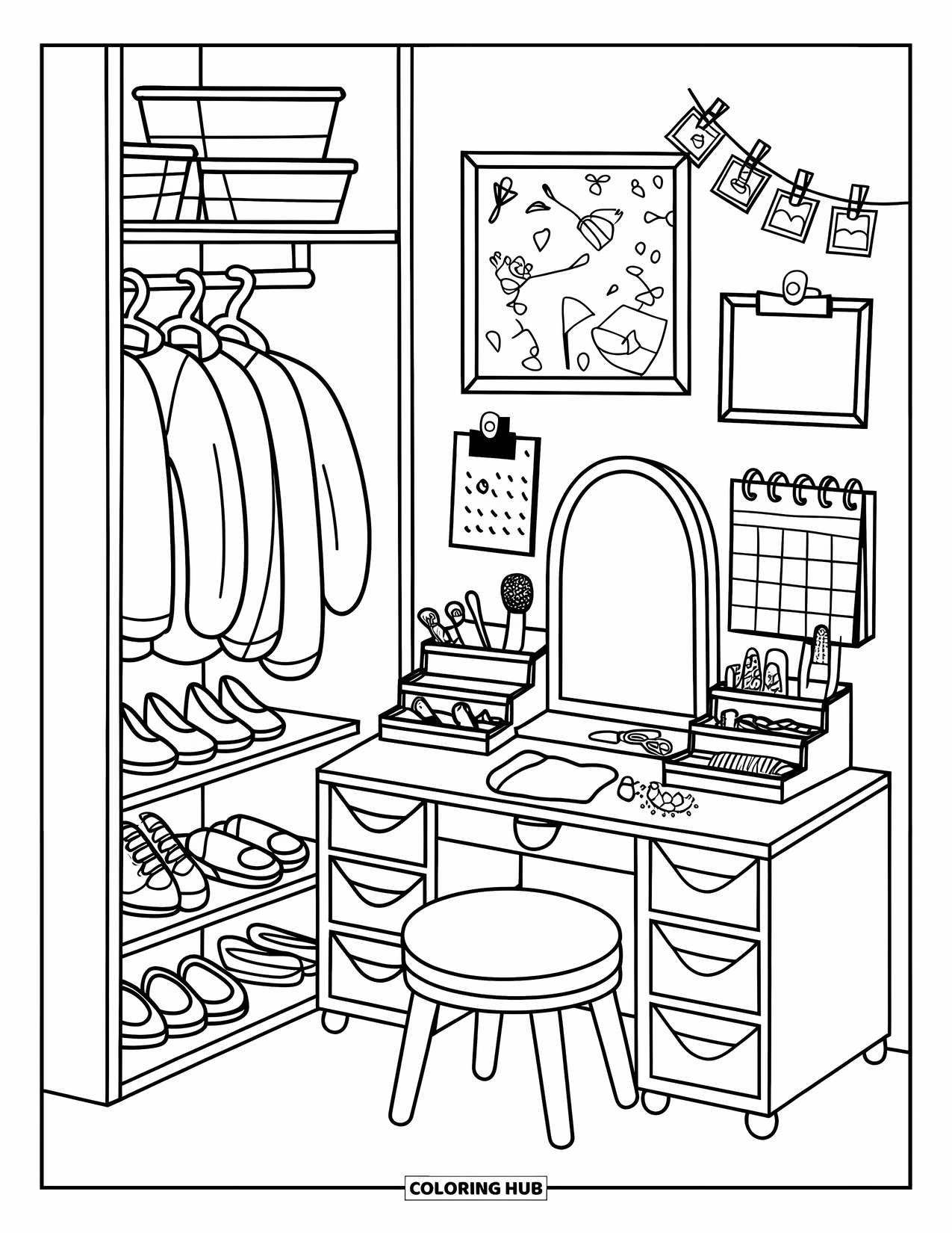 Interior Design Coloring Page for Kids: Wardrobe and vanity corner with clothes, mirror, and accessories