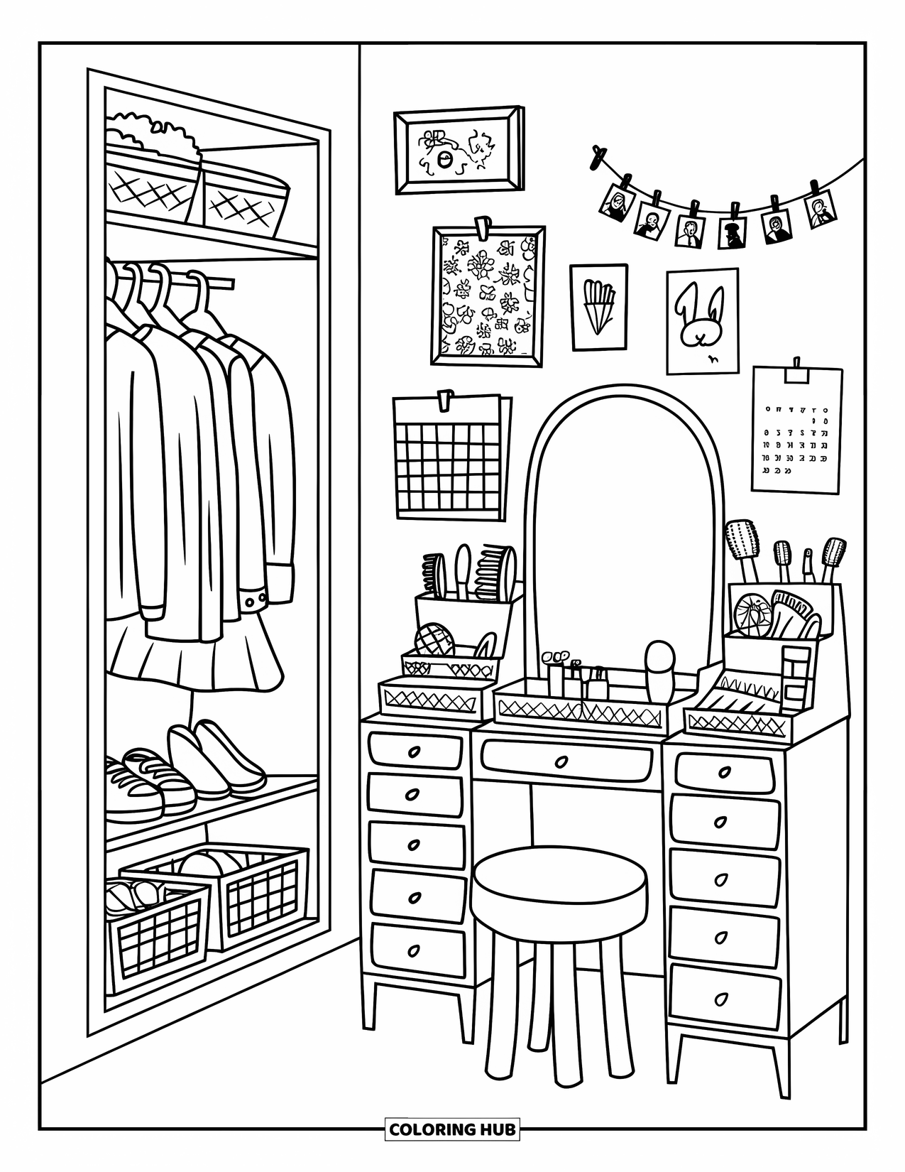 Interior Design Coloring Page for Kids: Wardrobe and vanity space with mirror, stool, clothes, and baskets