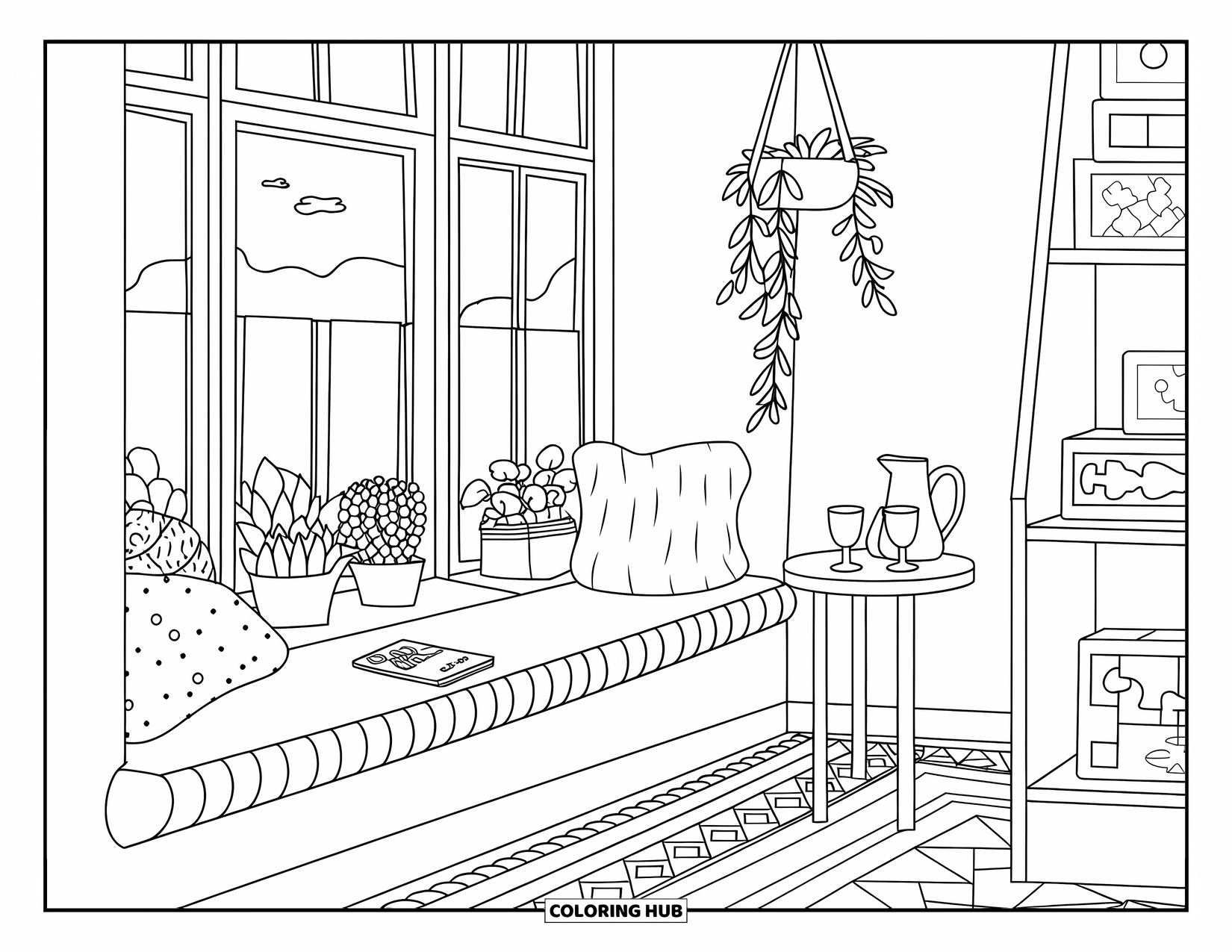 Interior Design Coloring Page for Kids: Window seat sunroom with pillows, comic book, plants, and drinks