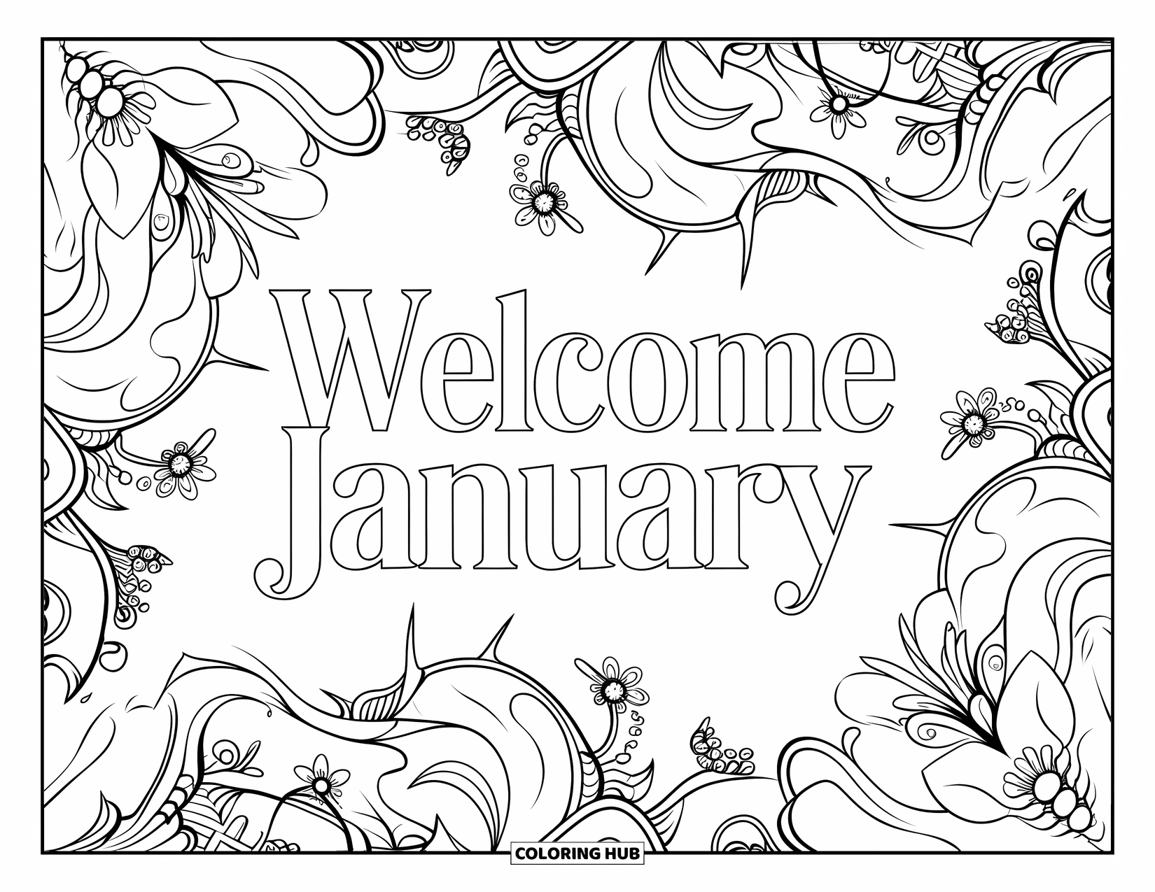 January Coloring Page for Adults: Classic serif "Welcome January" framed with icicles and swirling floral wind patterns
