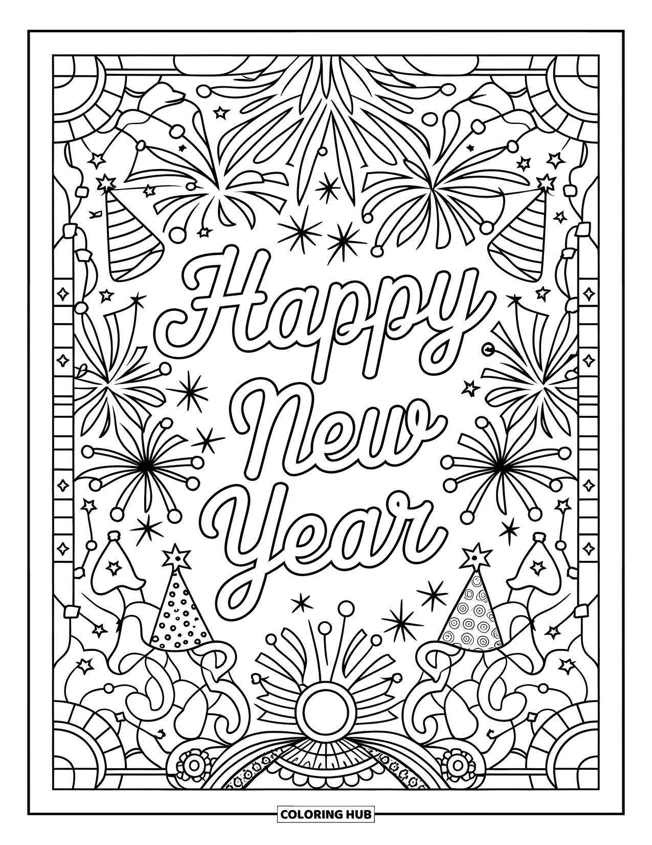 January Coloring Page for Adults: Cursive "Happy New Year" framed by party-themed stained glass patterns