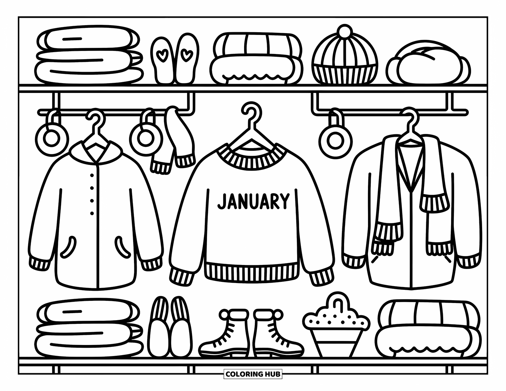 January Coloring Page for Adults: Cute January sweater surrounded by cozy mittens, coats, boots, and folded blankets