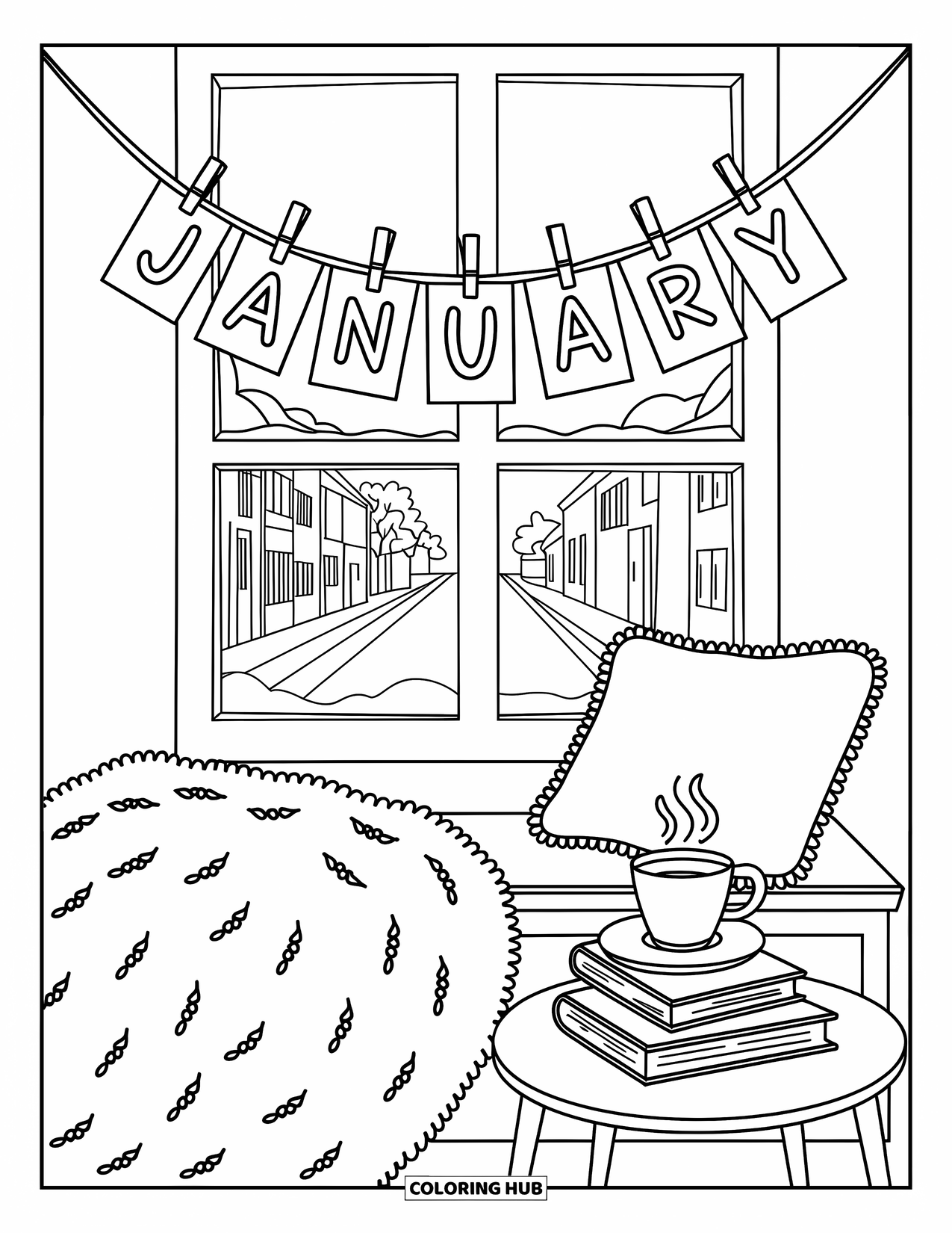 January Coloring Page for Adults: Garland of "January" letters hangs above a tea-filled winter reading corner