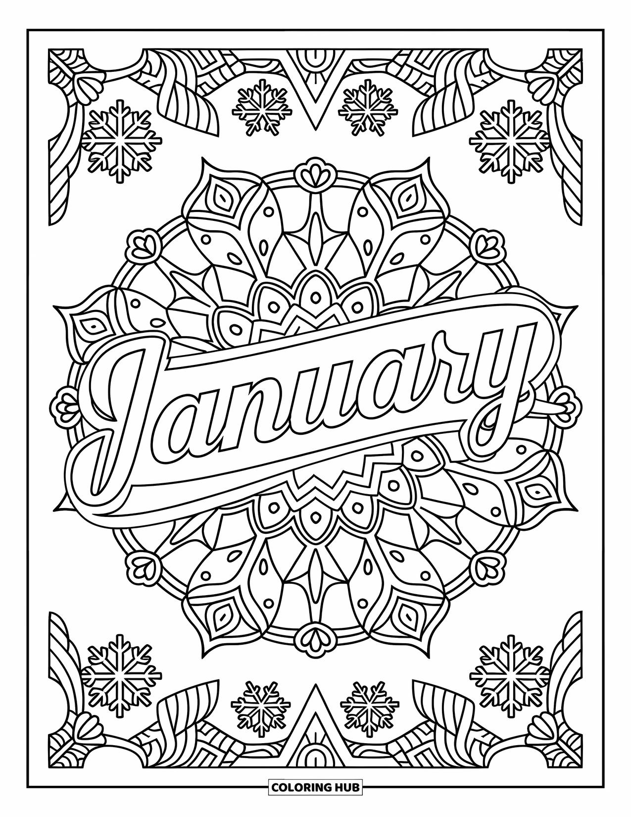 January Coloring Page for Adults: "January" in graceful script surrounded by a full snowflake mandala border