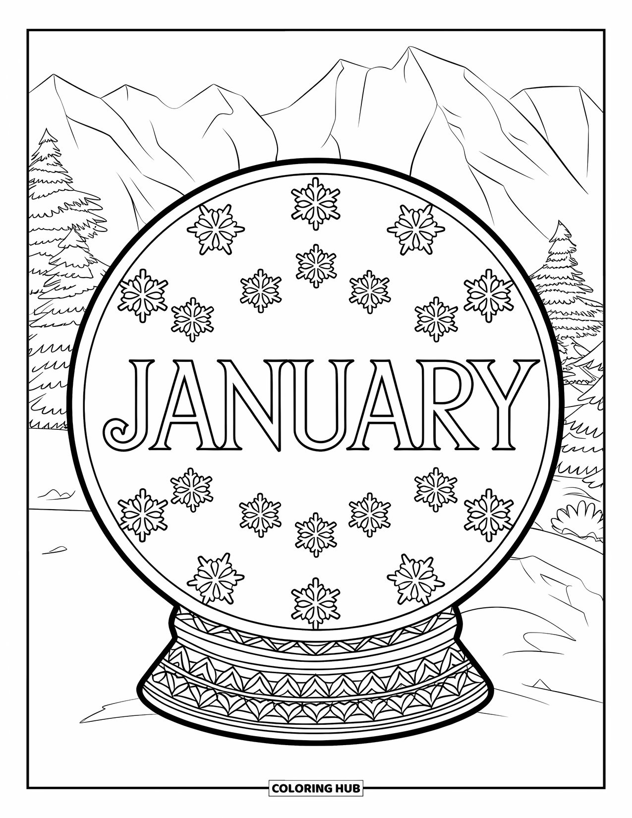 January Coloring Page for Adults: "January" inside a snow globe-shaped mandala with repeating snowflake designs