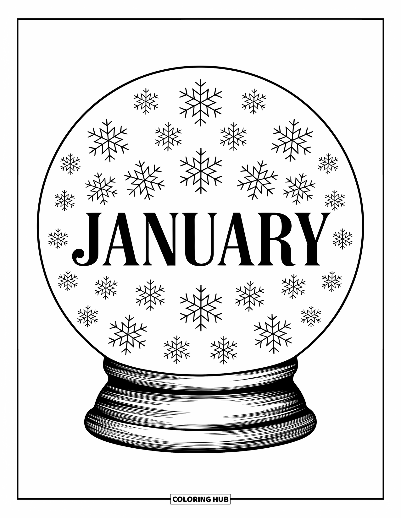 January Coloring Page for Adults: Snow globe mandala filled with flakes, centered around the word "January"