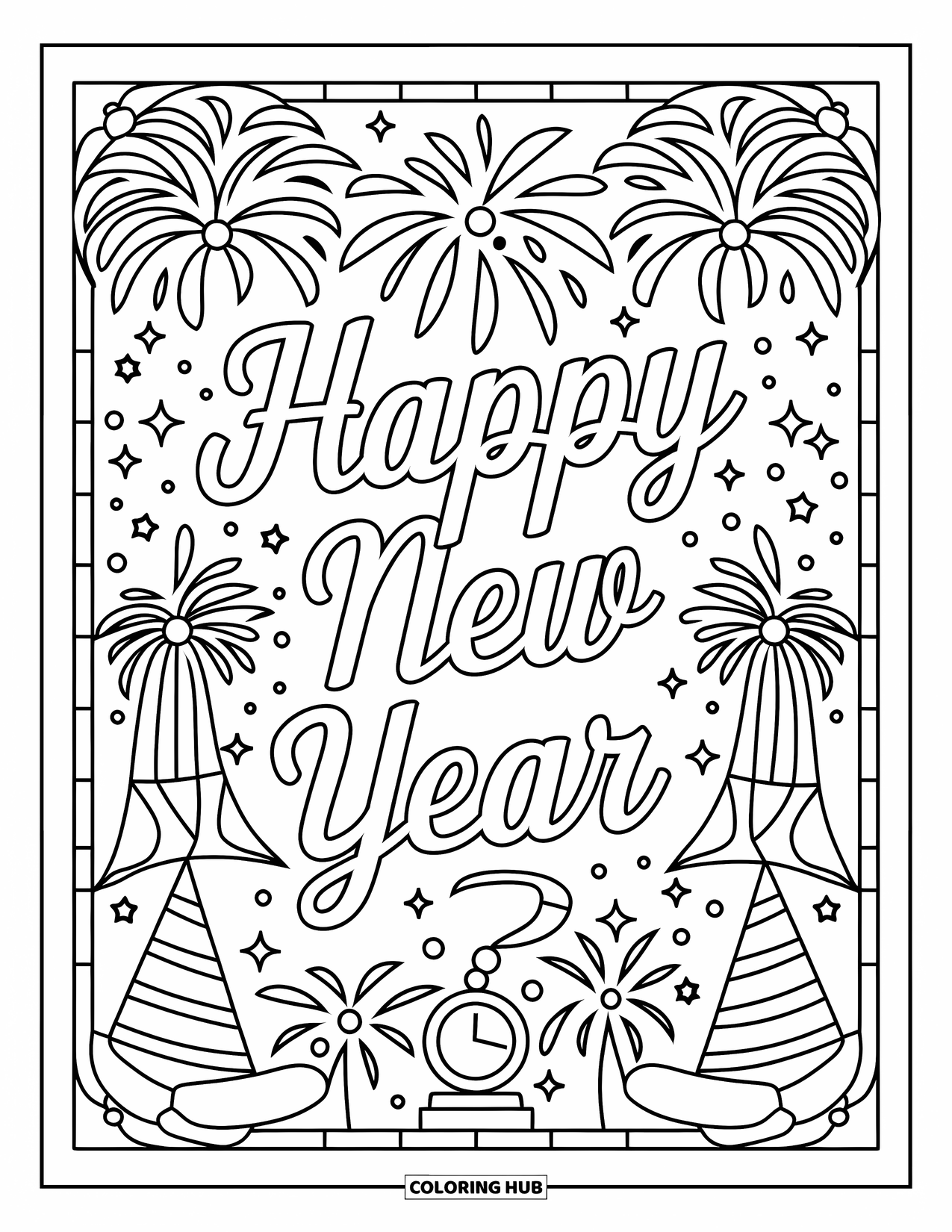January Coloring Page for Adults: Stained glass-style border of fireworks and clocks around a "Happy New Year" message