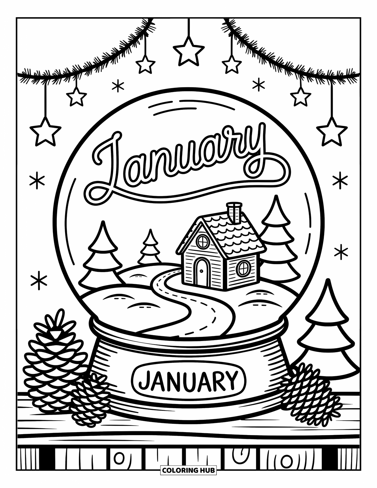 January Coloring Page for Adults: Tiny mountain cabin inside a snow globe marked with "January"