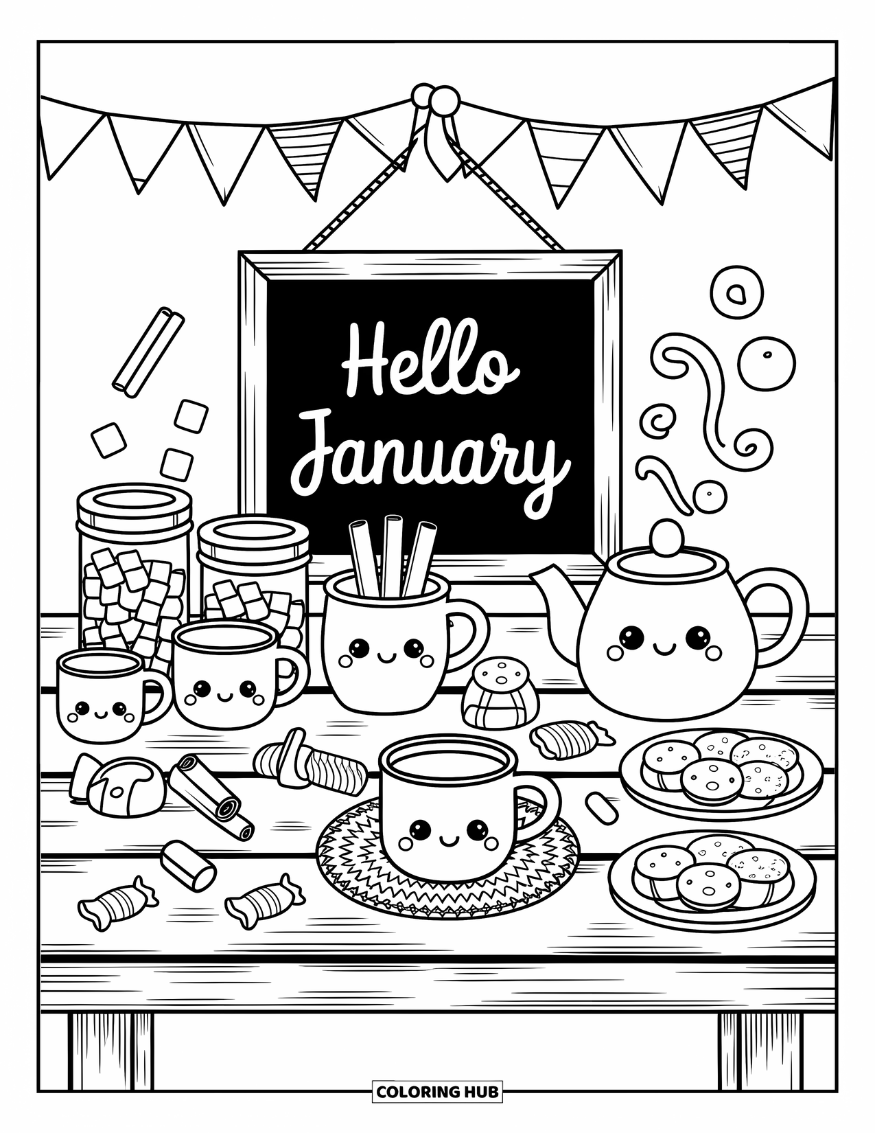 January Coloring Page for Adults: Tiny mugs and marshmallows surround a "Hello January" sign at a cocoa bar