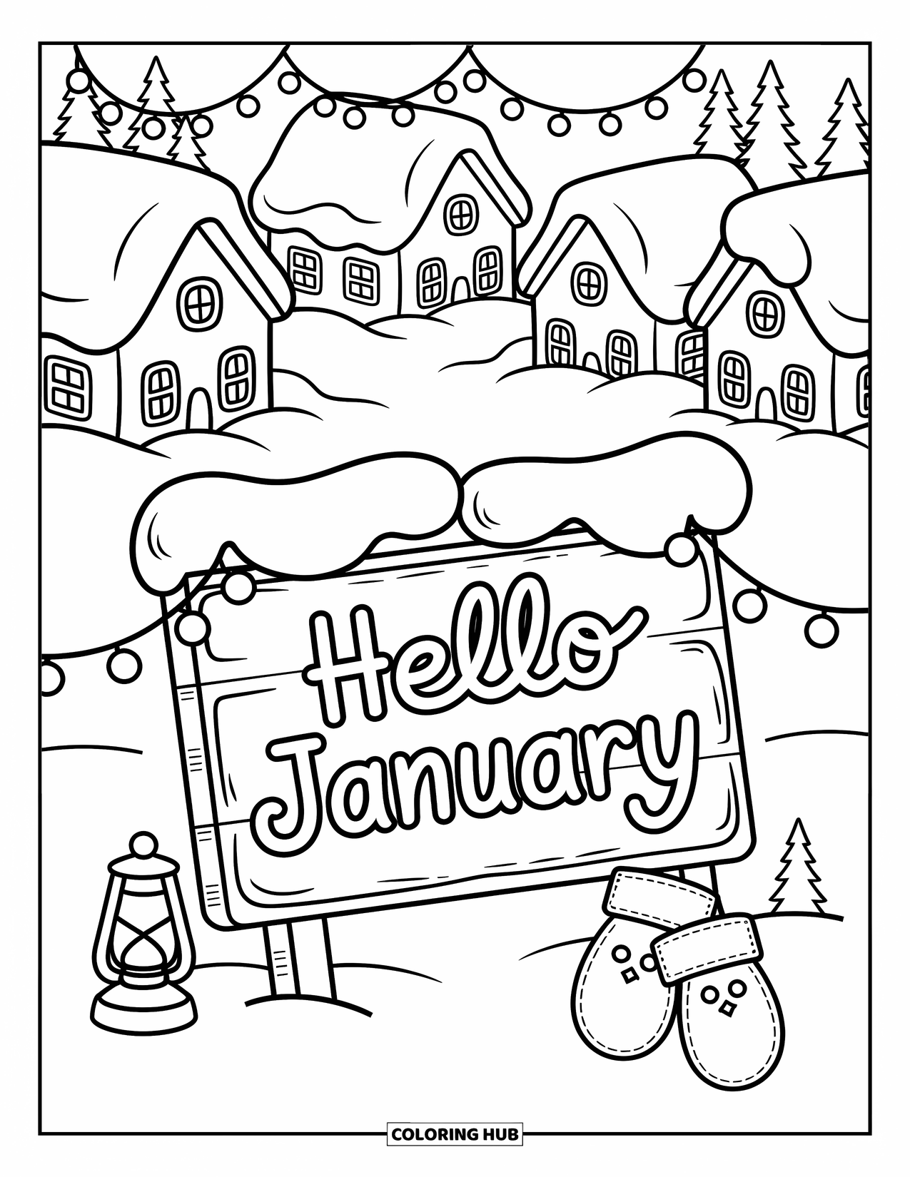 January Coloring Page for Adults: Village rooftops sparkle with fairy lights near a sign that says "Hello January"