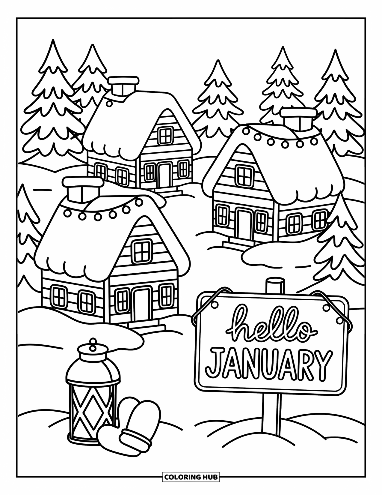 January Coloring Page for Adults: Whimsical houses and twinkling lights frame a wooden "Hello January" message
