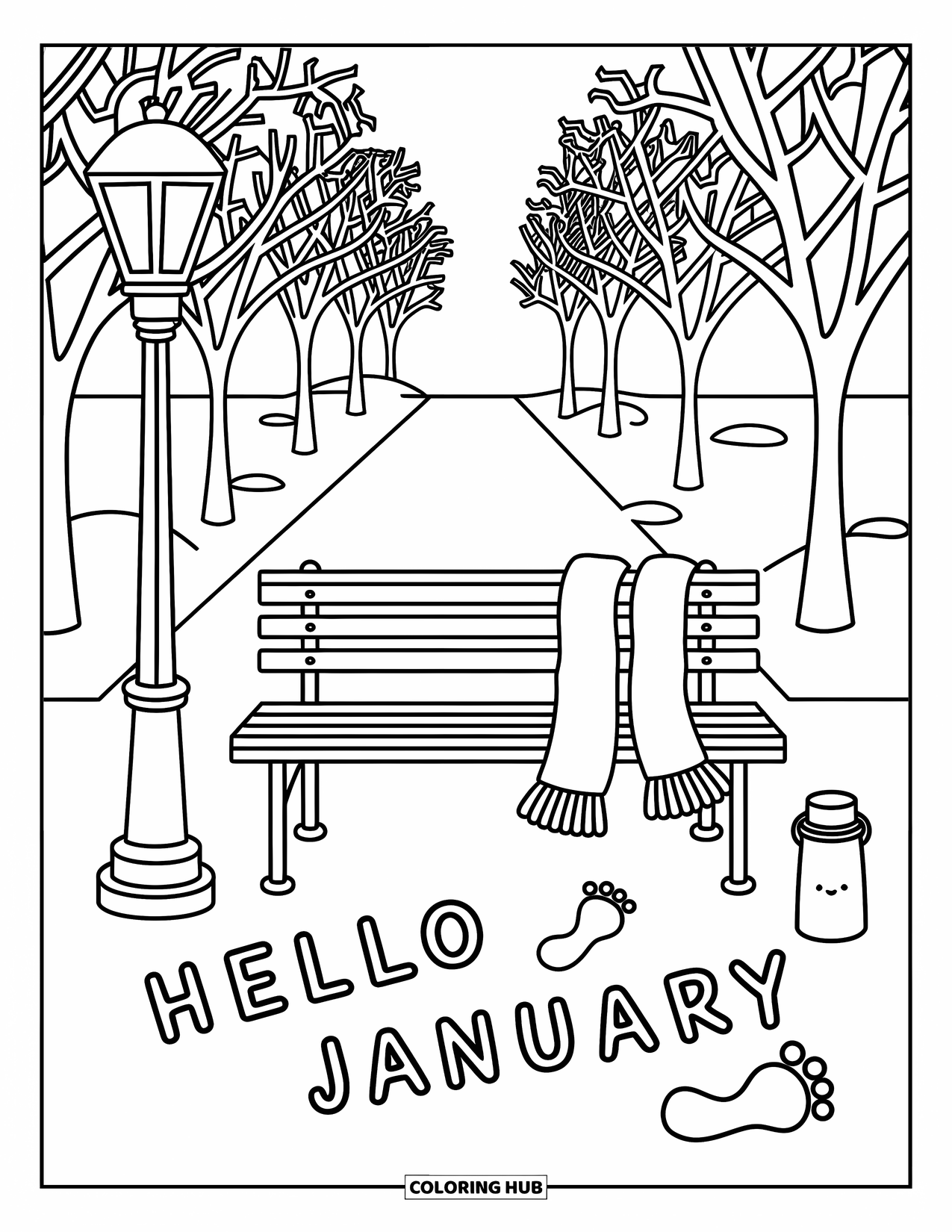 January Coloring Page for Adults: Winter park scene with footprints that spell "Hello January" beside a thermos