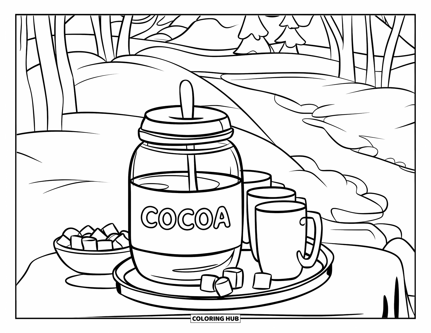 January Coloring Page for Kids: A cozy cocoa station with mugs, marshmallows, and snowy trees behind